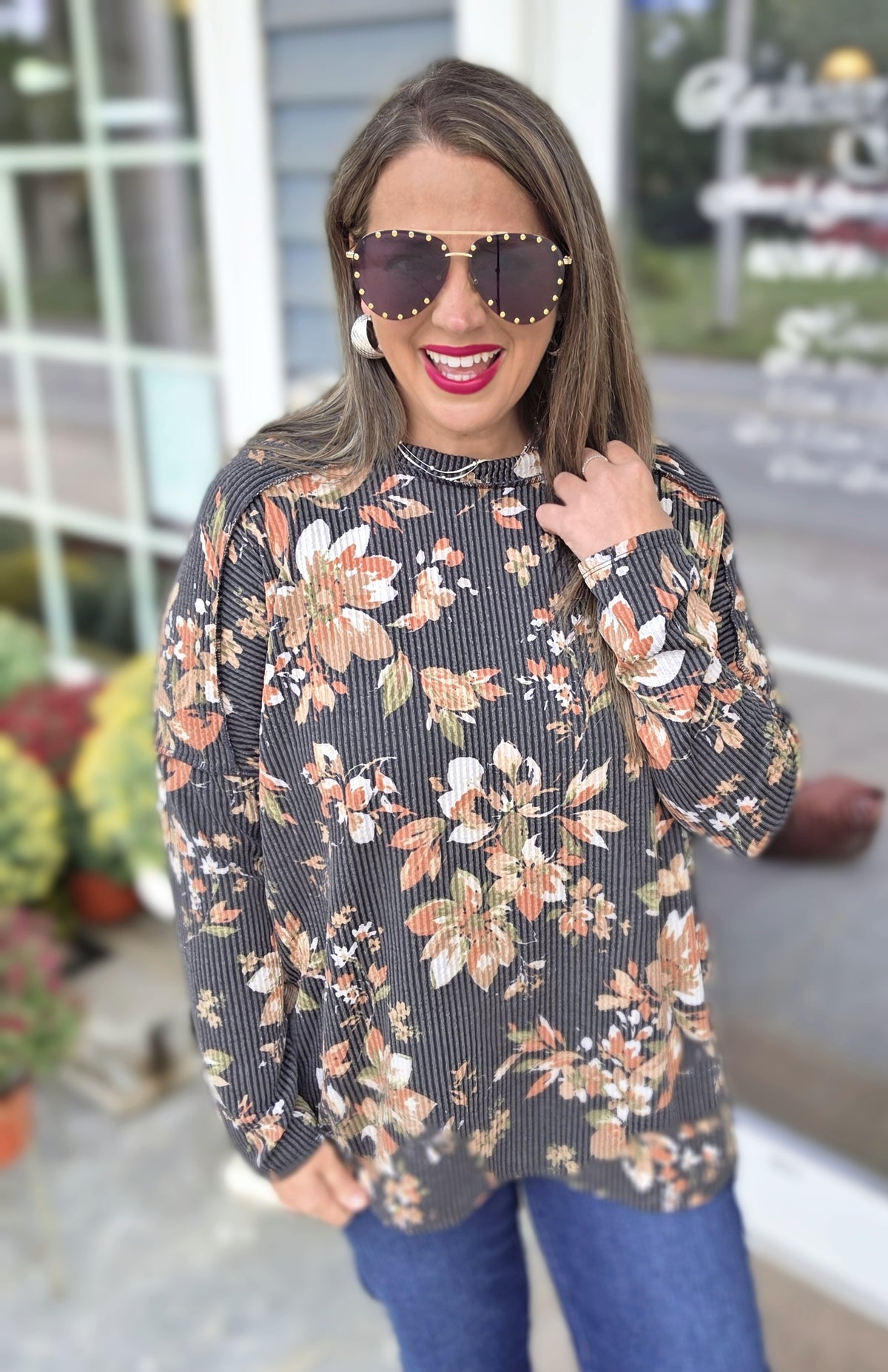 BLACK/RUST FLORAL OVERSIZED RAISED RIBBED KNIT TOP