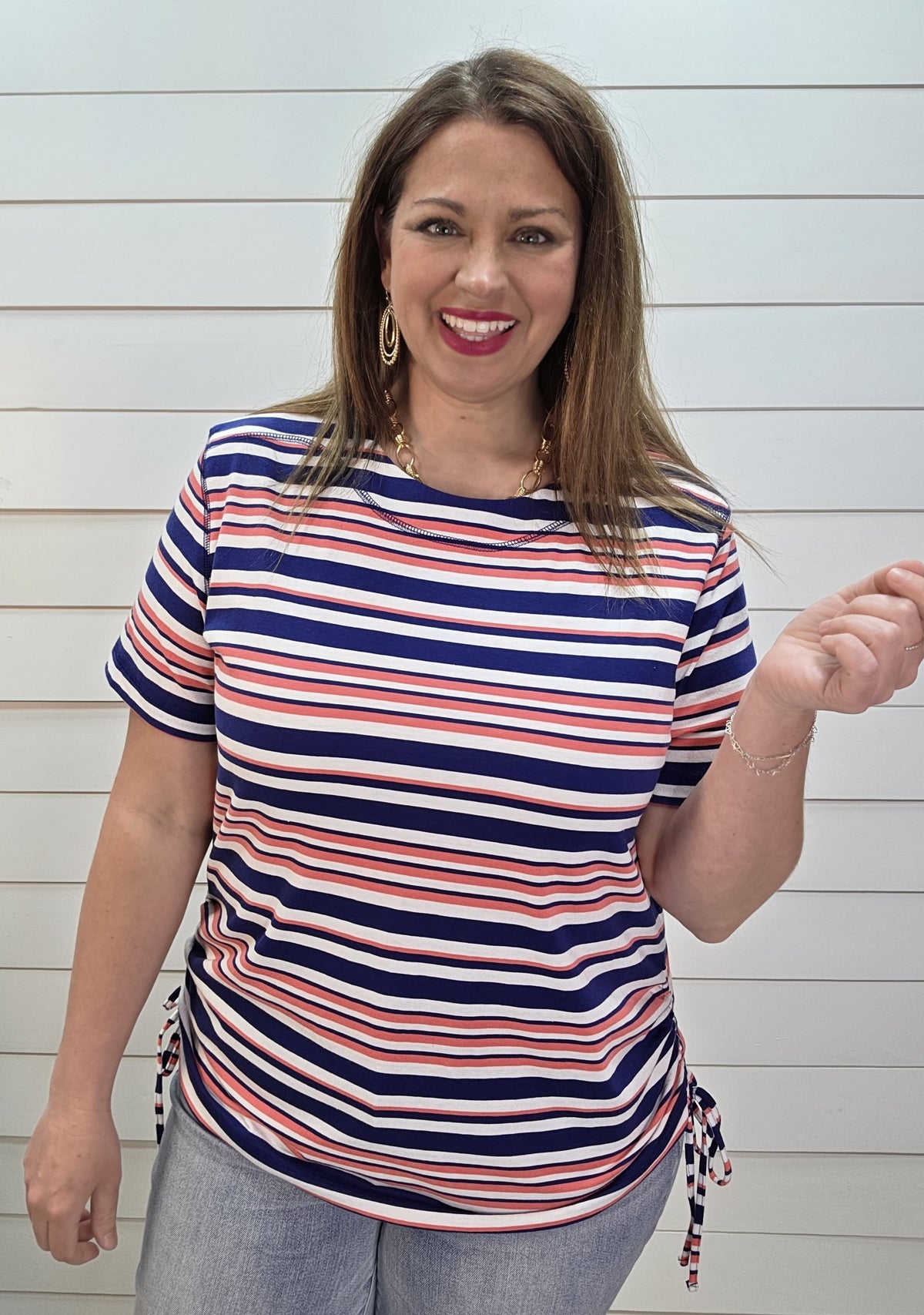 NAVY STRIPED DRAWSTRING SIDE KNIT TOP