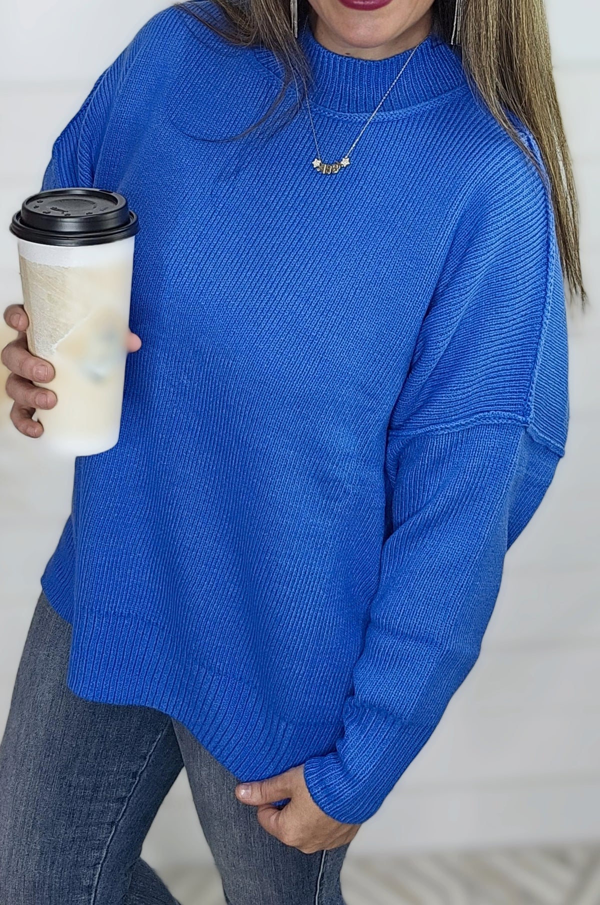 BLUE DROP SHOULDER OVERSIZED MOCK NECK SWEATER