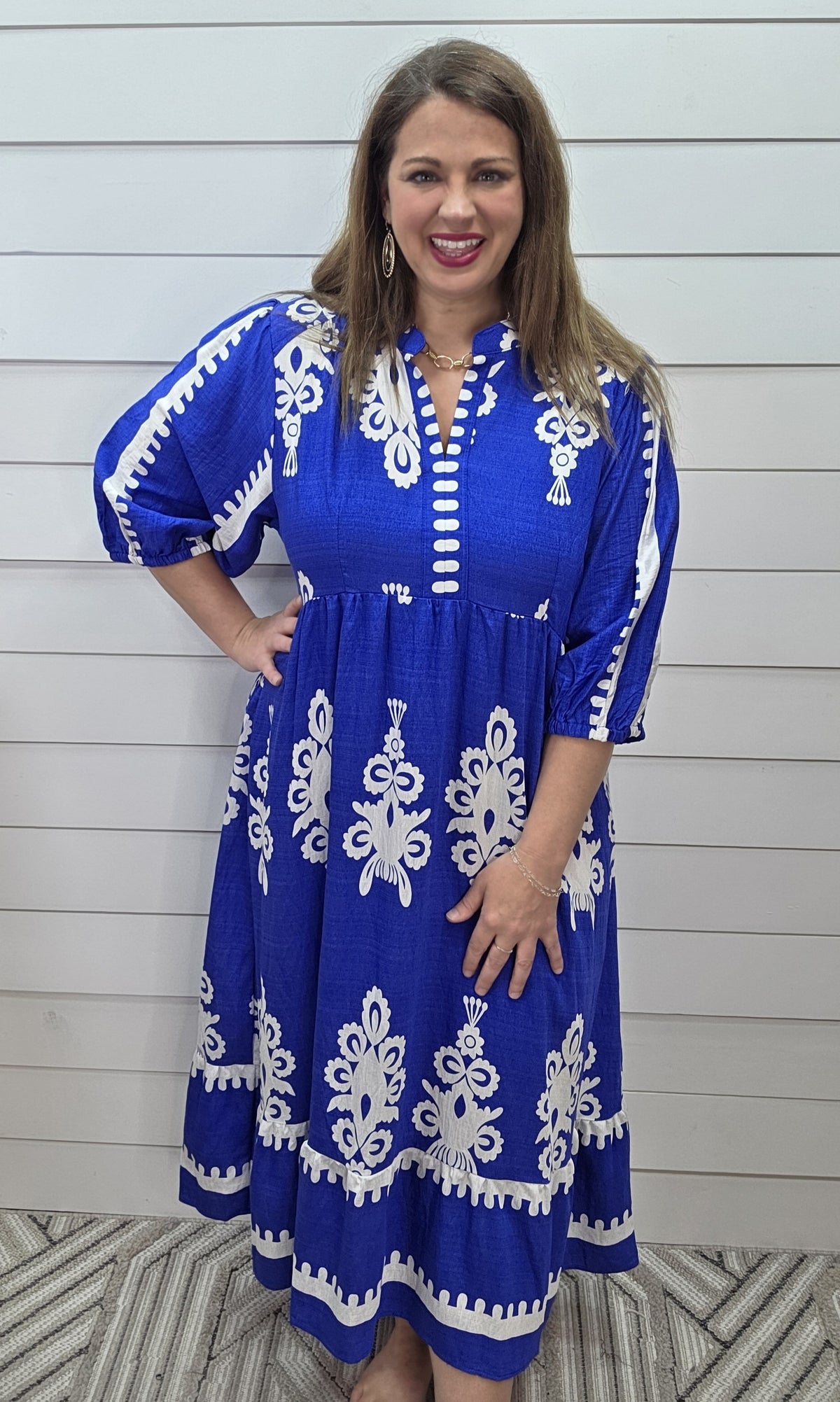 BLUE SCROLL PRINT LONG DRESS