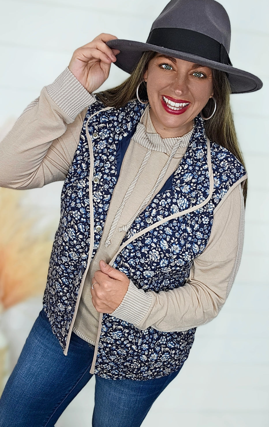 NAVY FLORAL SNAP BUTTON VEST