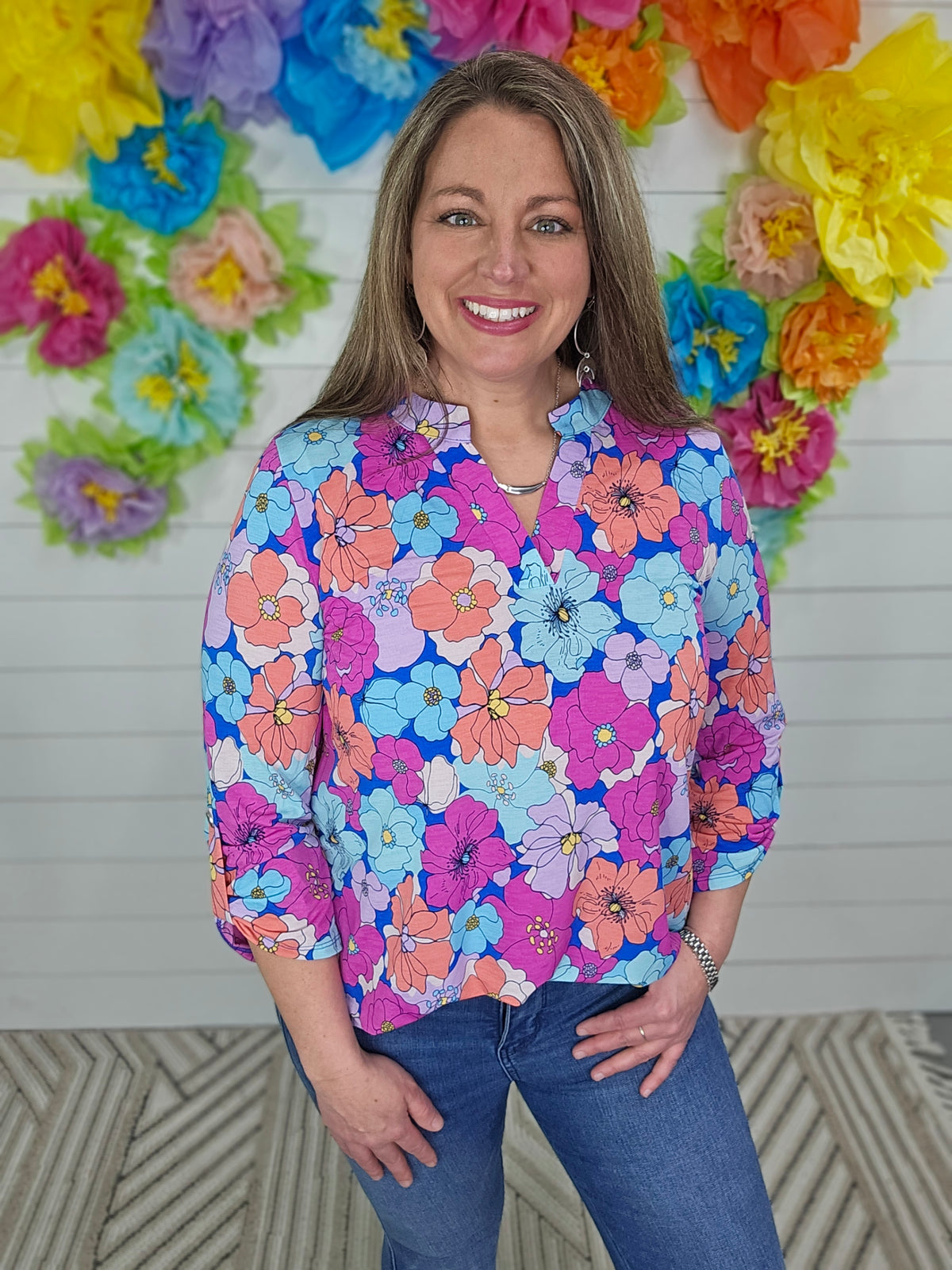 BLUE LARGE FLORAL PRINT 3/4 SLEEVE LIZZY TOP