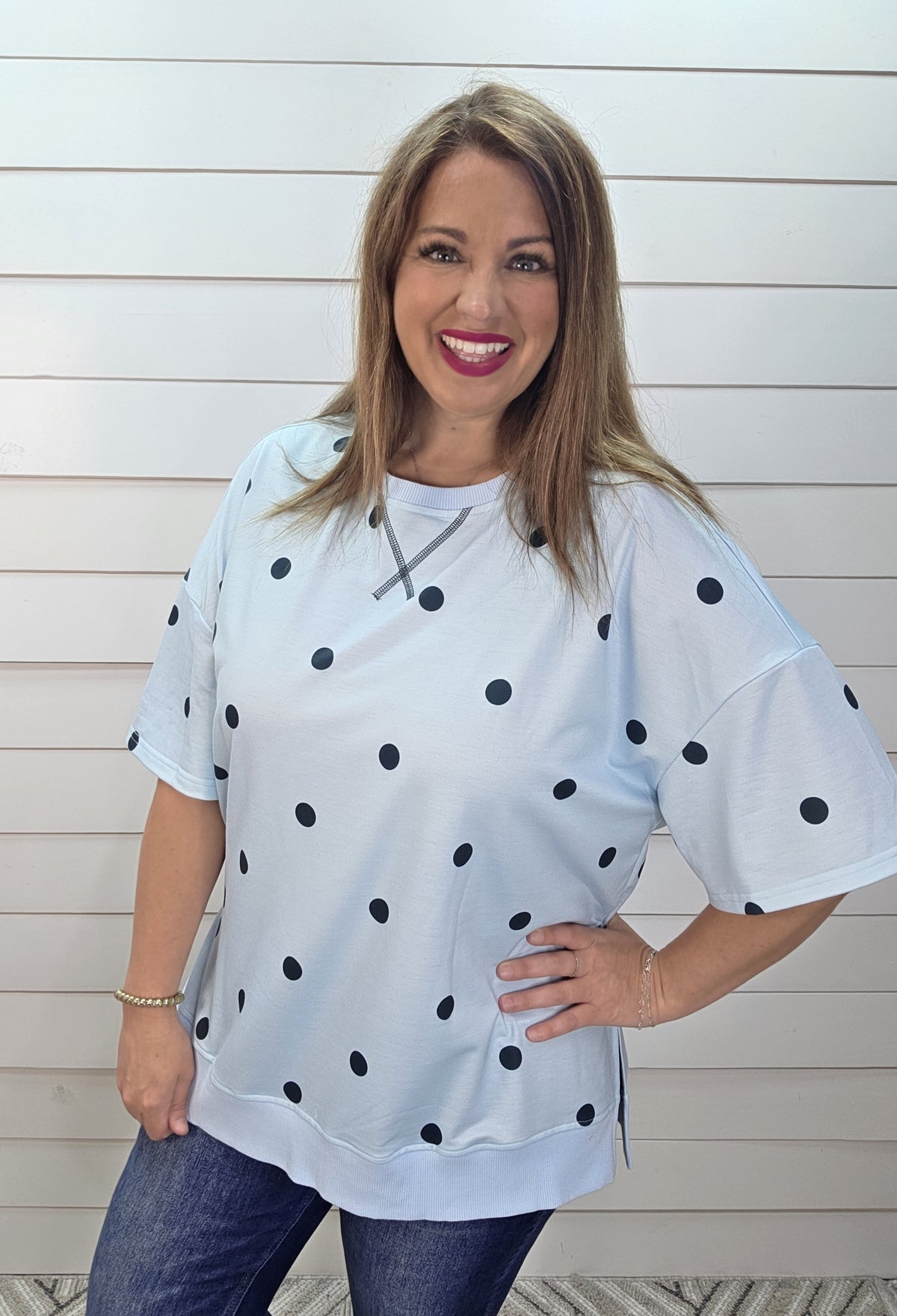 BLUE POLKA DOT SIDE SLIT TOP
