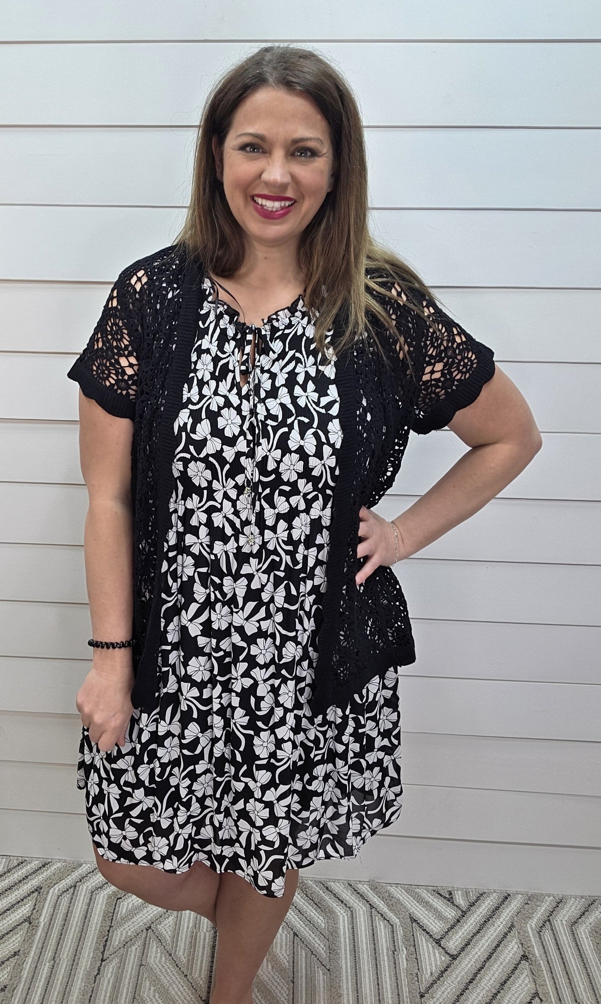 BLACK OPEN CROCHET SHORT SLEEVE CARDIGAN