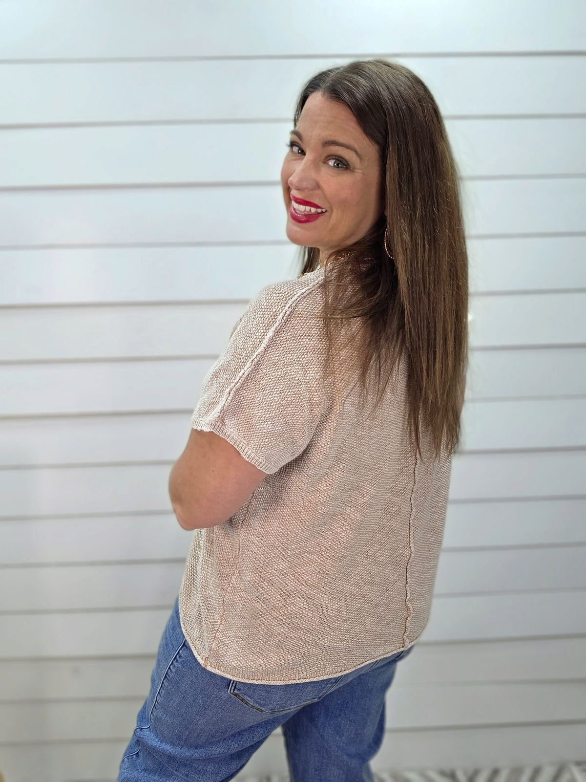 BEIGE MINERAL WASH SHORT SLEEVE TEXTURED LOOSE FIT SWEATER