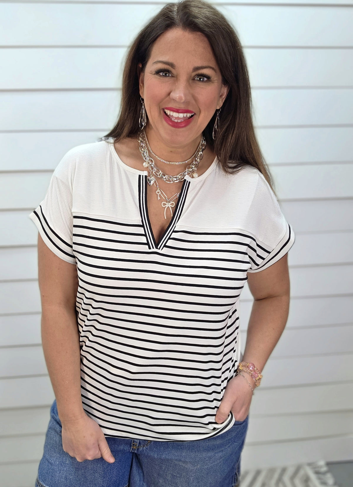 BLACK & WHITE STRIPED COLORBLOCK V NECK FRENCH TERRY KNIT TOP