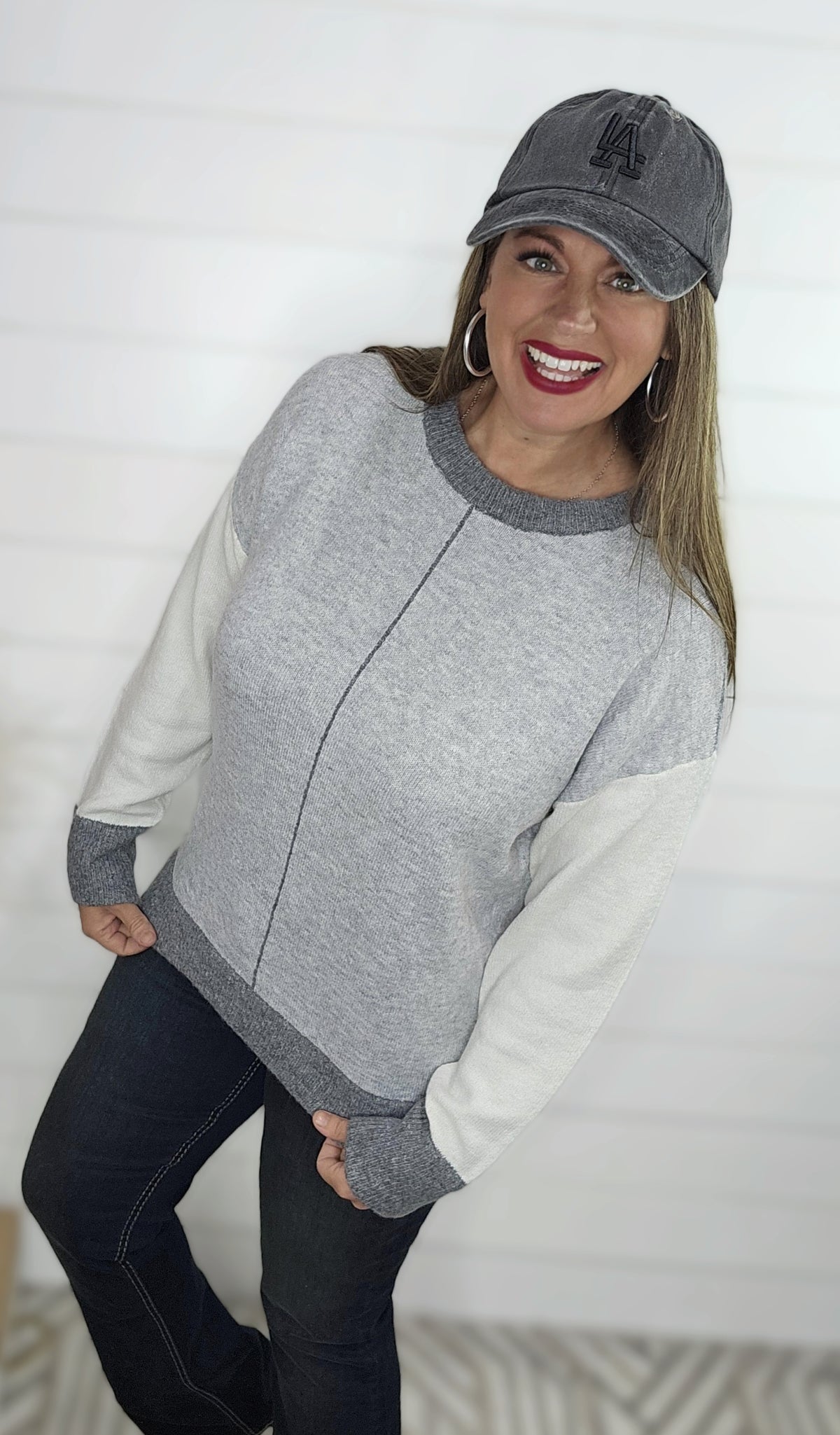 LIGHT GREY COLORBLOCK CONTRAST LINE DETAIL PULLOVER SWEATER