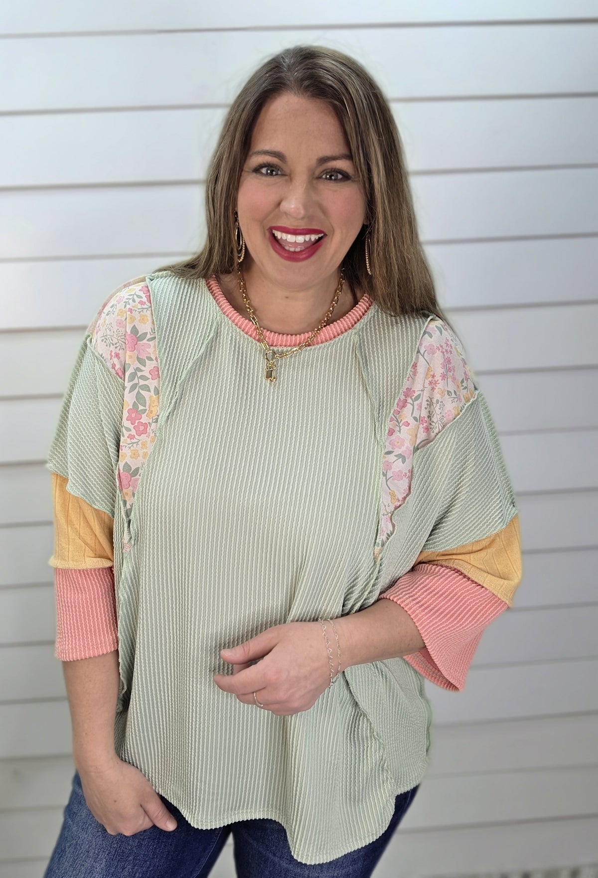 MINT/PINK/YELLOW RAISED RIBBED FLORAL CONTRAST KNIT LOOSE TOP