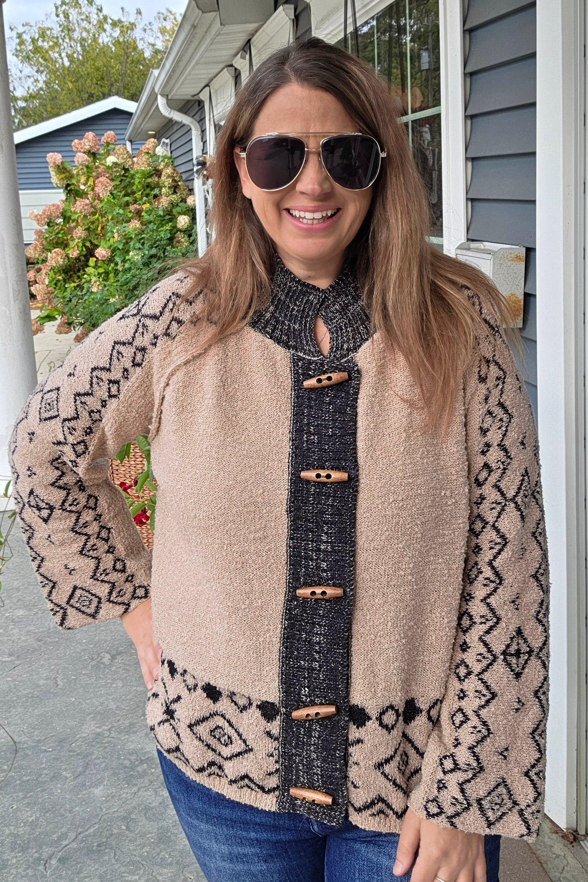Mocha Nordic Pattern Raglan Long Sleeve Contrast Rib Band With Toggle Buttons Soft Cardigan