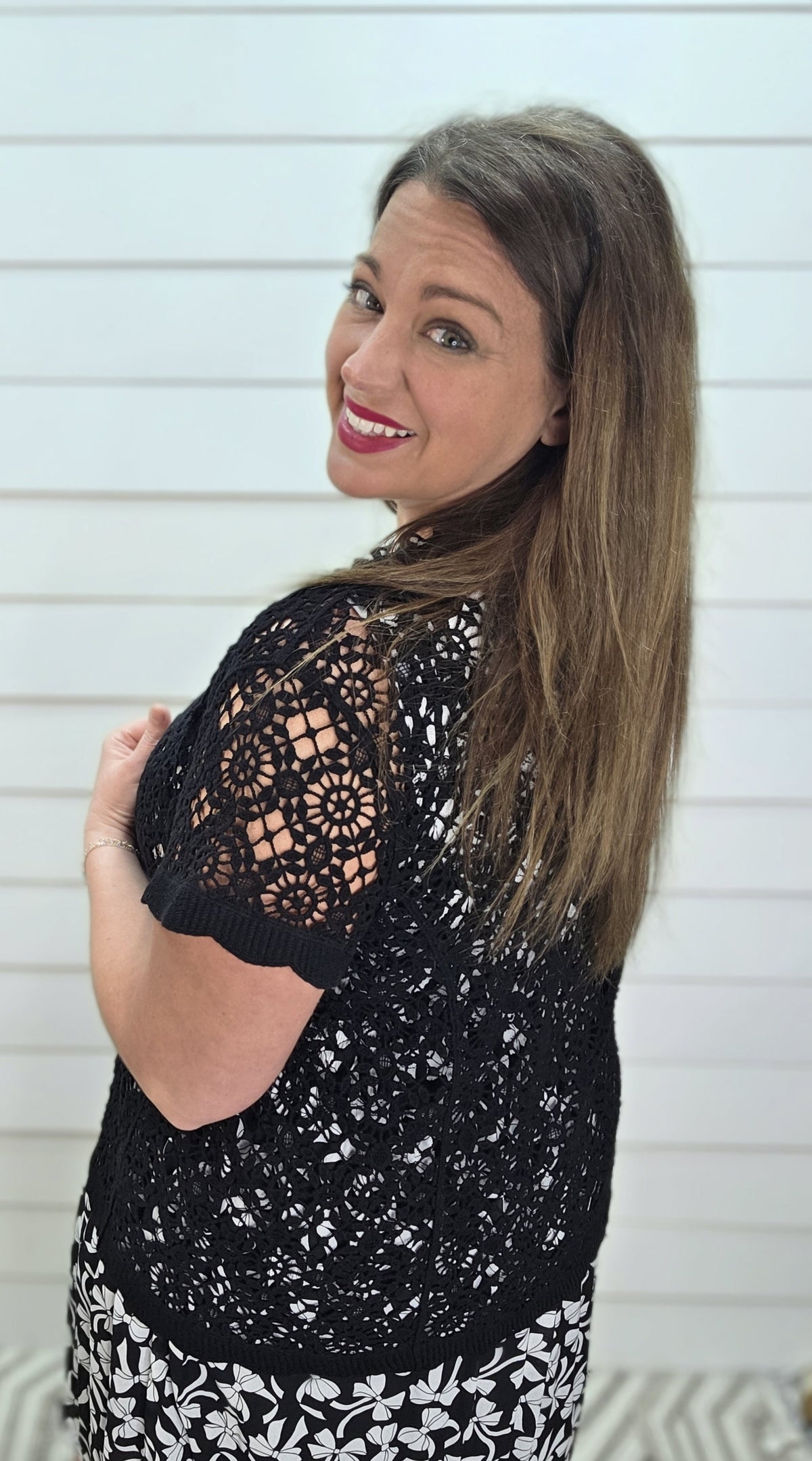 BLACK OPEN CROCHET SHORT SLEEVE CARDIGAN