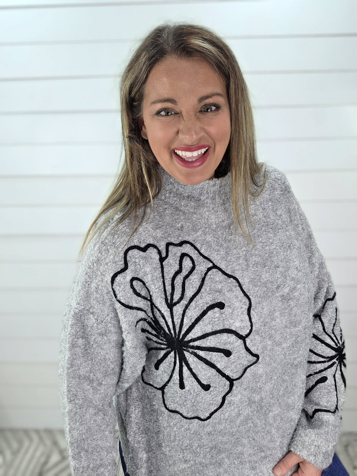 GREY PLUSH 3D FLORAL MOCK NECK SWEATER