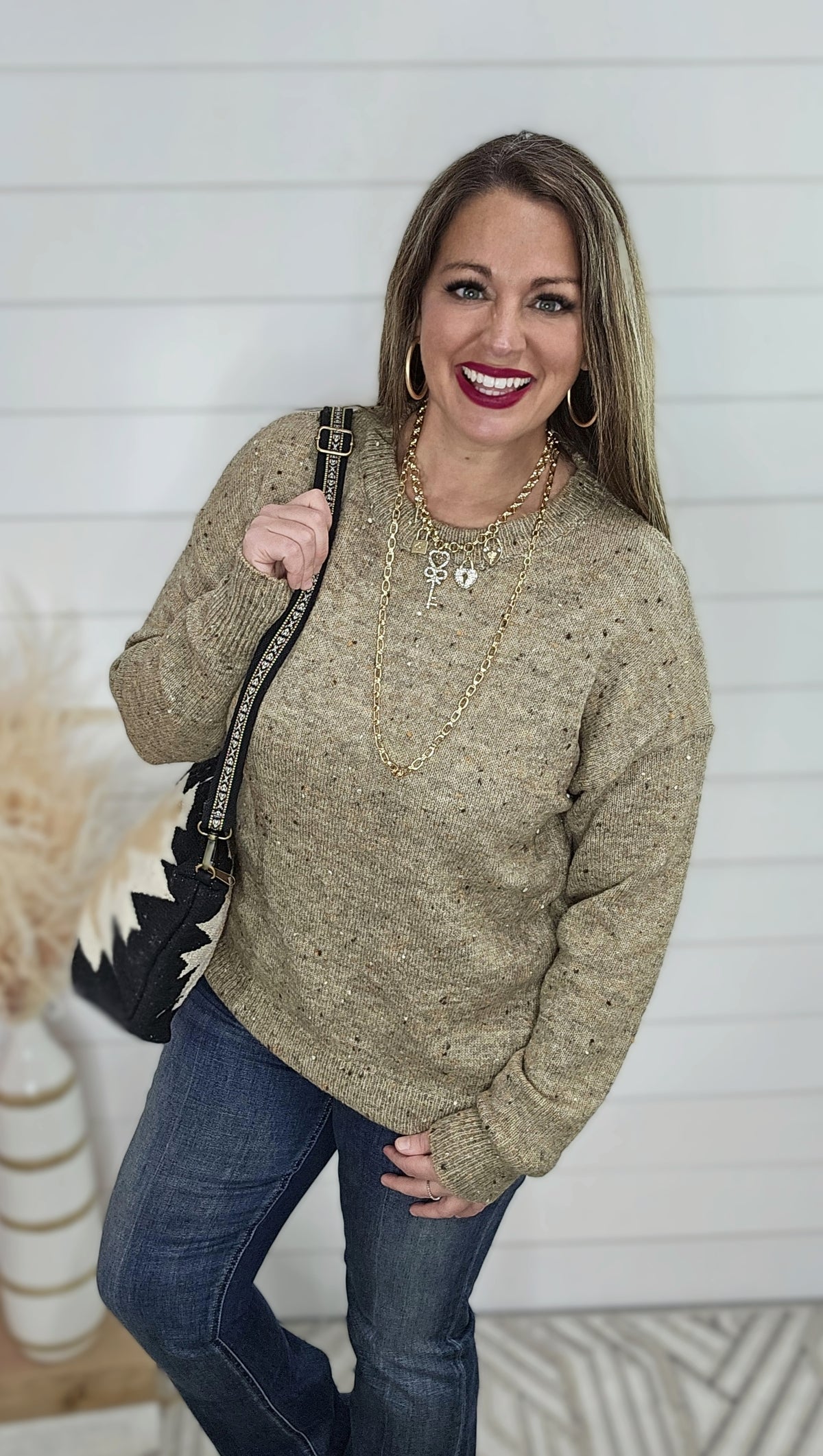 DARK TAUPE SPRINKLE YARN PULLOVER SWEATER