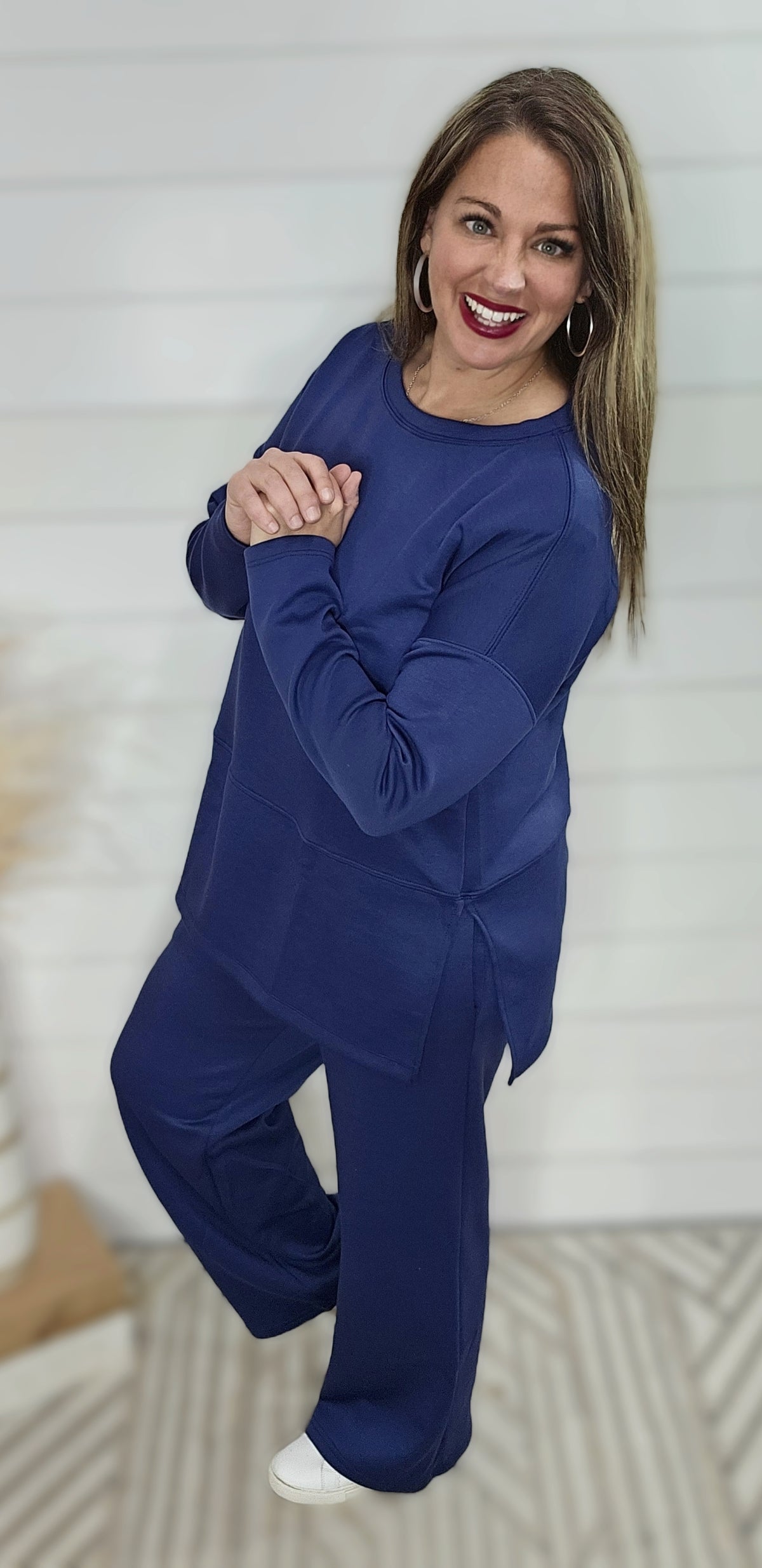 NAVY WRINKLE FREE WIDE LEG CREW NECK SET