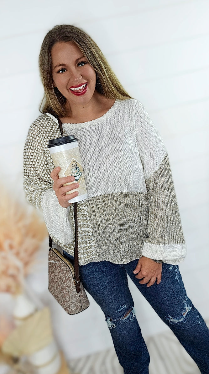 TAUPE MULTI BLOCK KNIT TIE BACK SWEATER