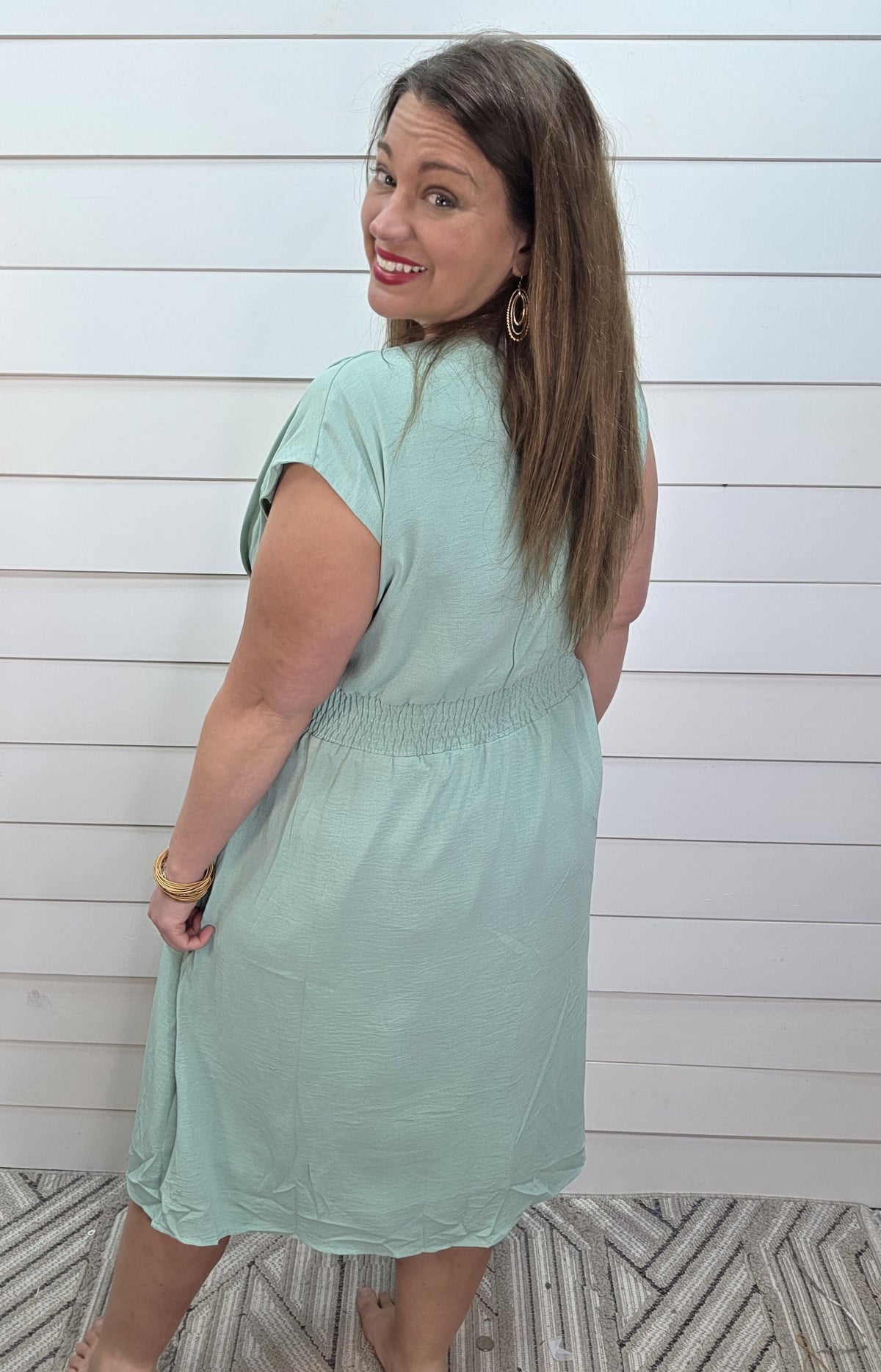 SAGE V NECK PLEATED ELASTIC WAIST DRESS