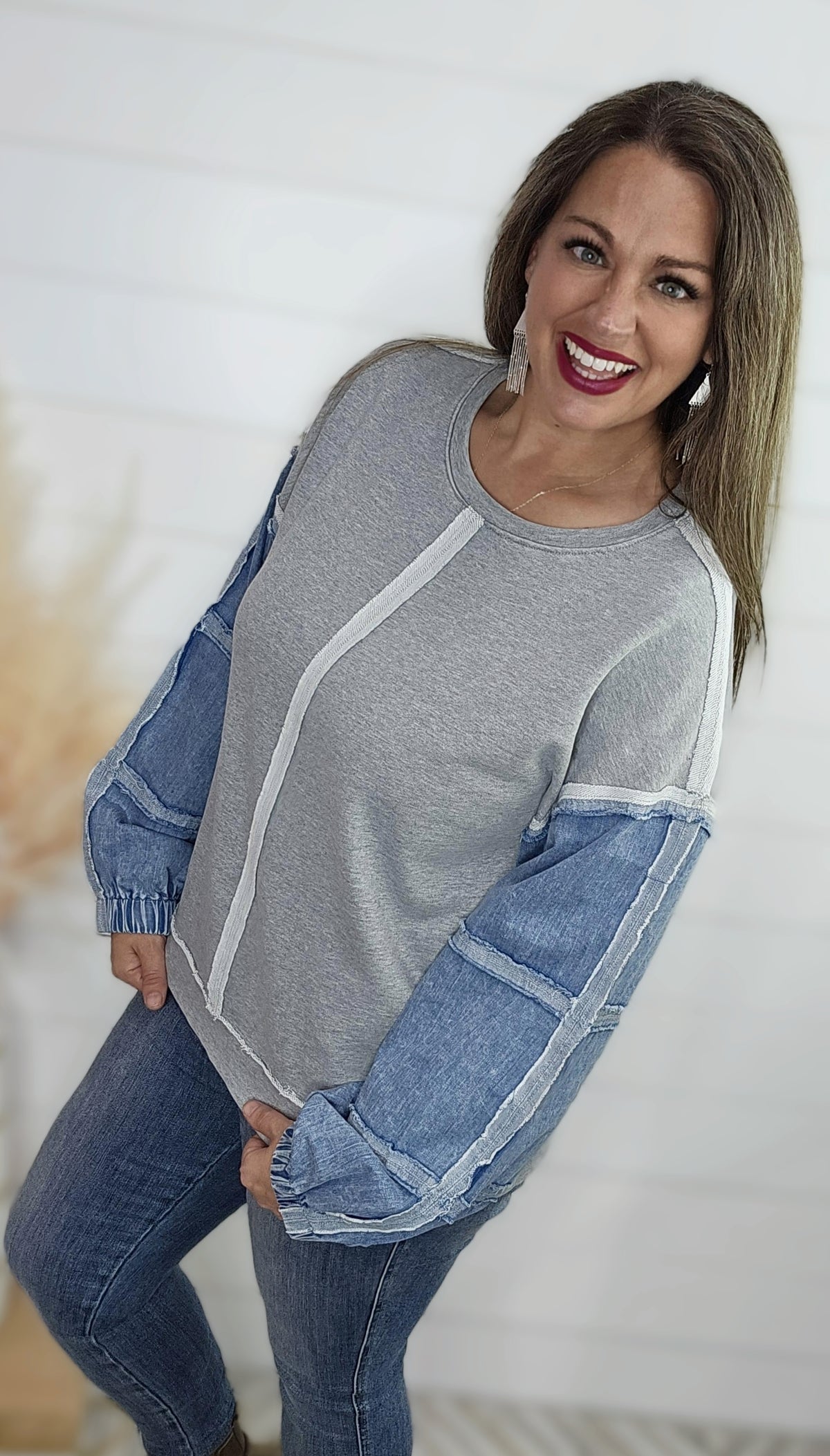 GREY FRENCH TERRY PULLOVER WITH DENIM SLEEVE TOP