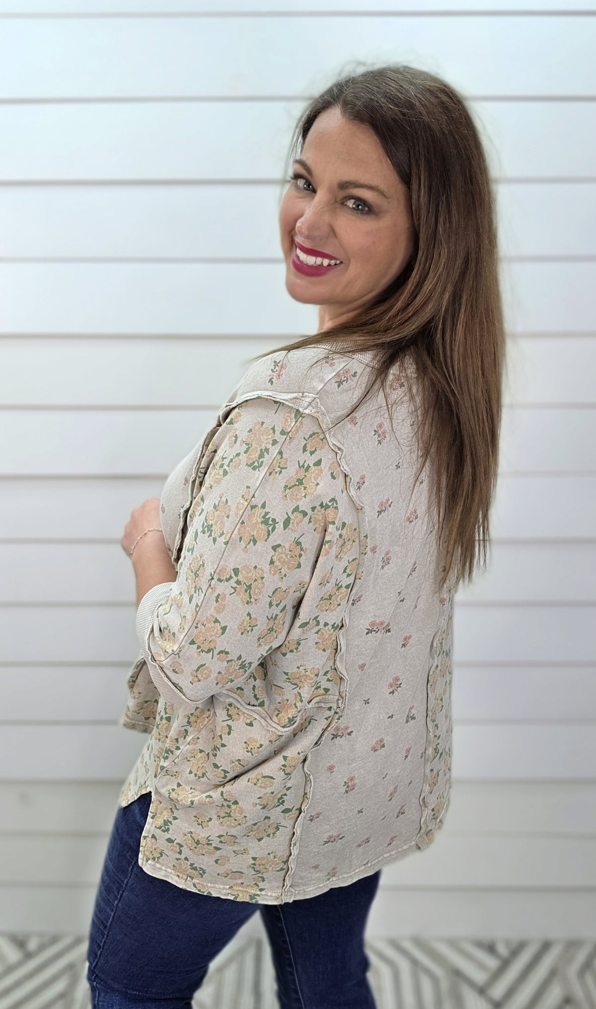 STONE GREY OVERSIZED FLORAL CONTRAST FRENCH TERRY KNIT TOP