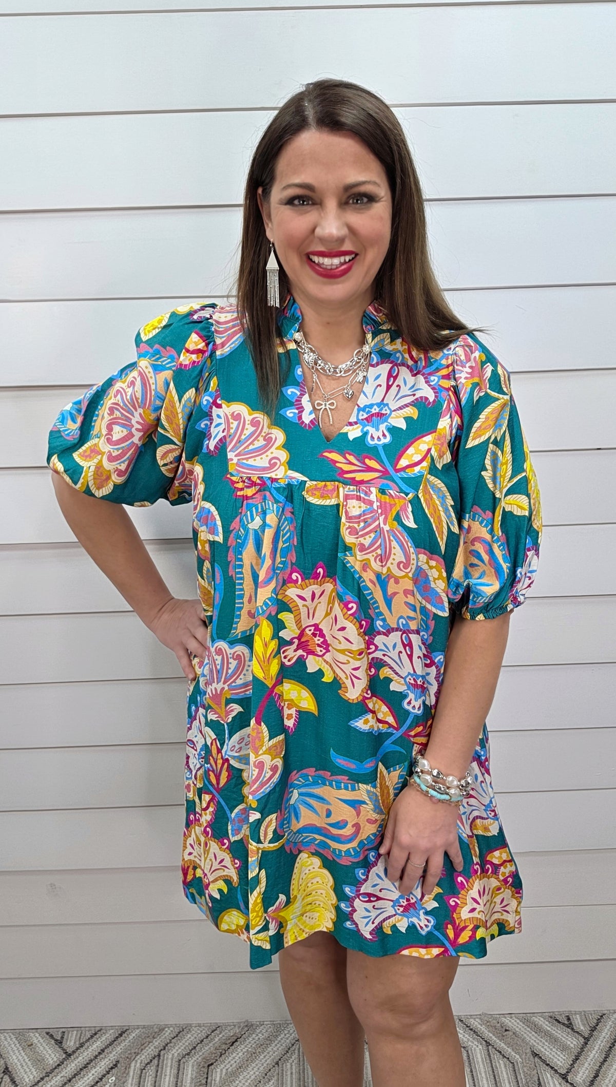 EMERALD MULTI COLOR PRINTED V NECK DRESS