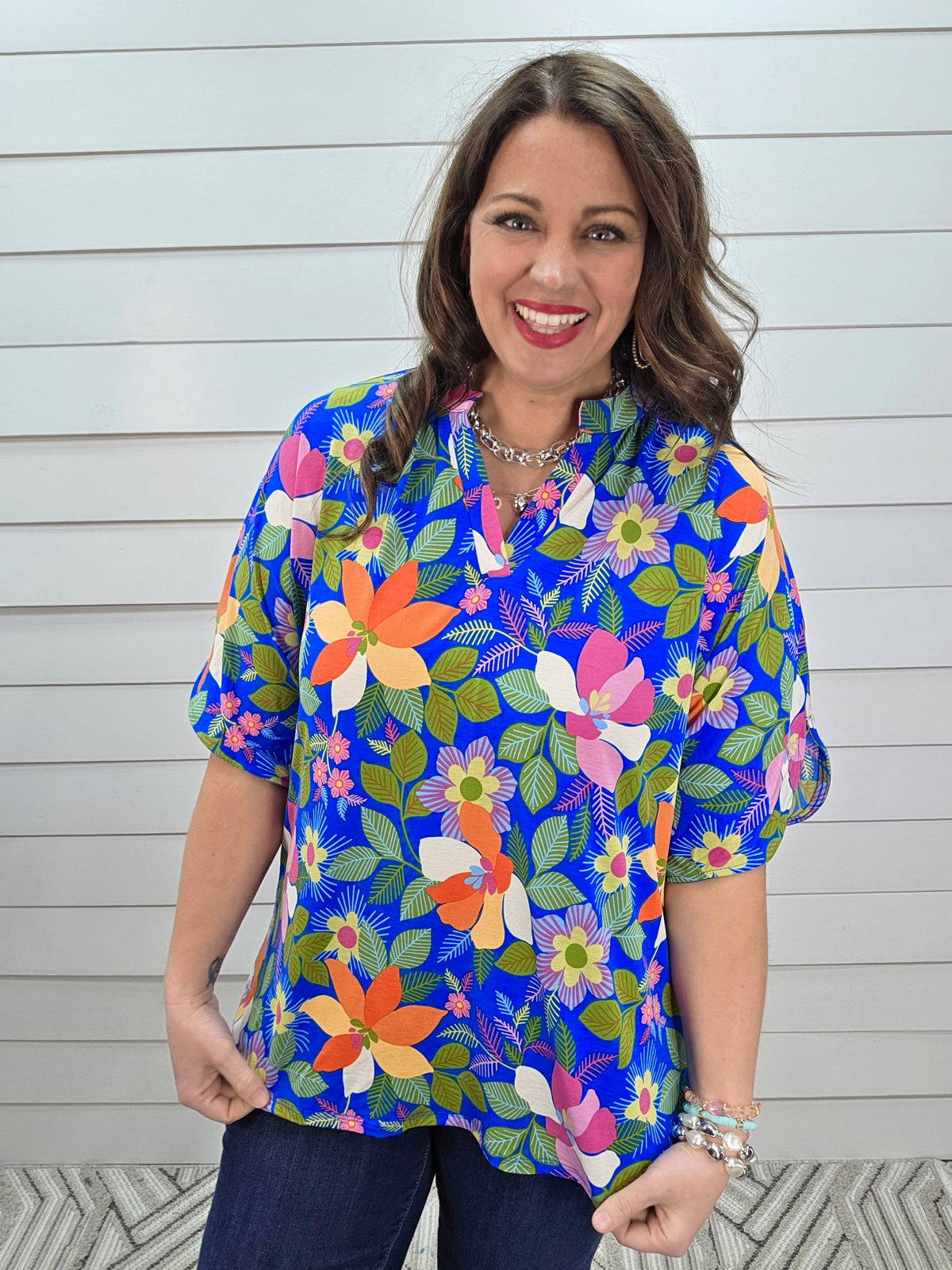 DEAR SCARLETT BREEZE SPLIT SLEEVE TOP - ROYAL BLUE MULTI COLOR PRINTED