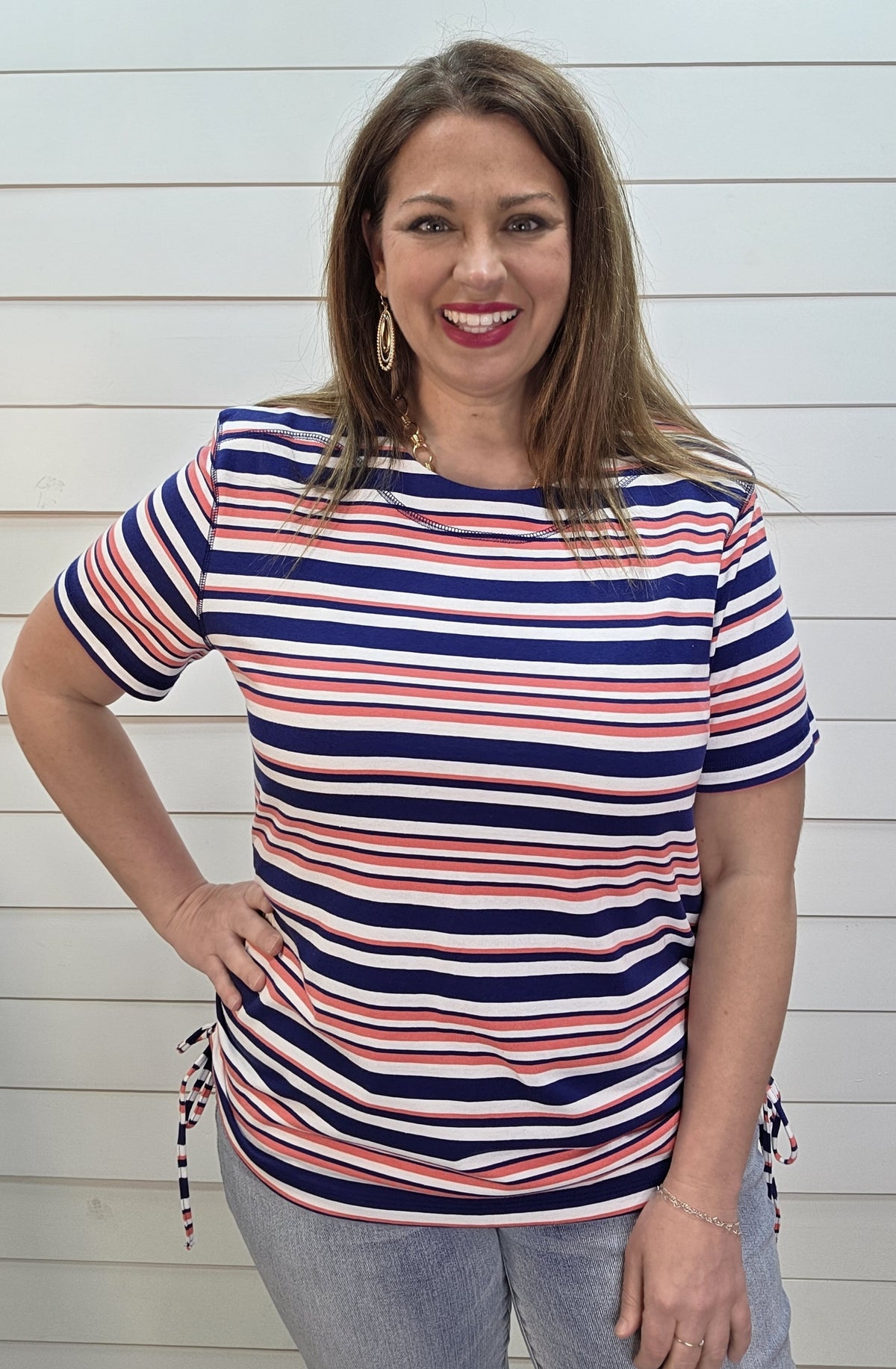NAVY STRIPED DRAWSTRING SIDE KNIT TOP