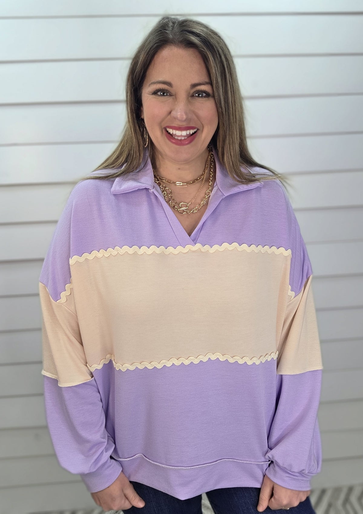 LAVENDER COLORBLOCK LIGHT WEIGHT FRENCH TERRY TOP W/ RIC RAC TRIM