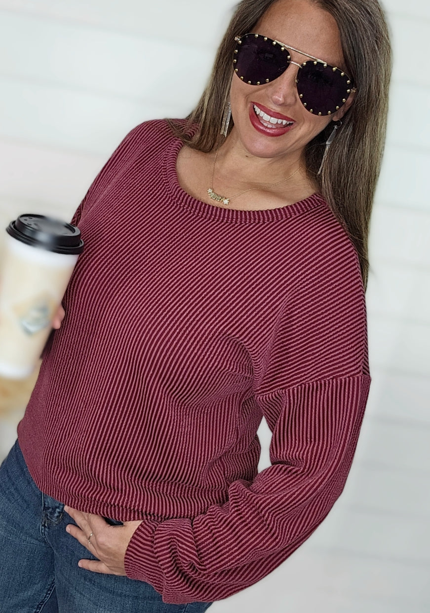 BURDUNGY RAISED RIBBED LONG SLEEVE TOP