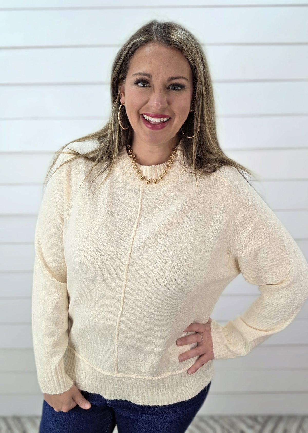 OATMEAL CENTER SEAM RAGLAN SLEEVE CREW NECK PULLOVER SWEATER