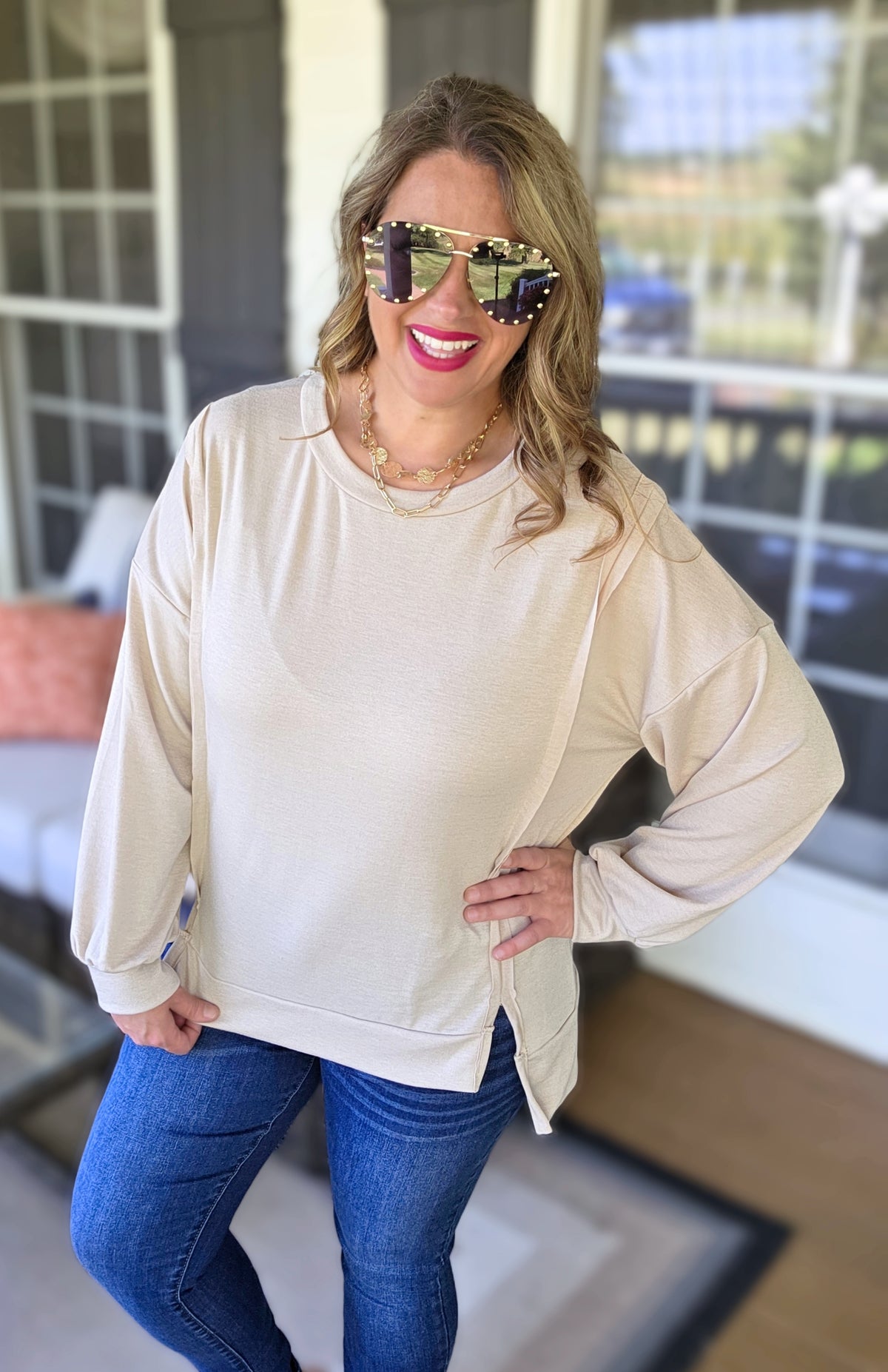 OATMEAL LOOSE FIT SIDE SLIT FRENCH TERRY TOP