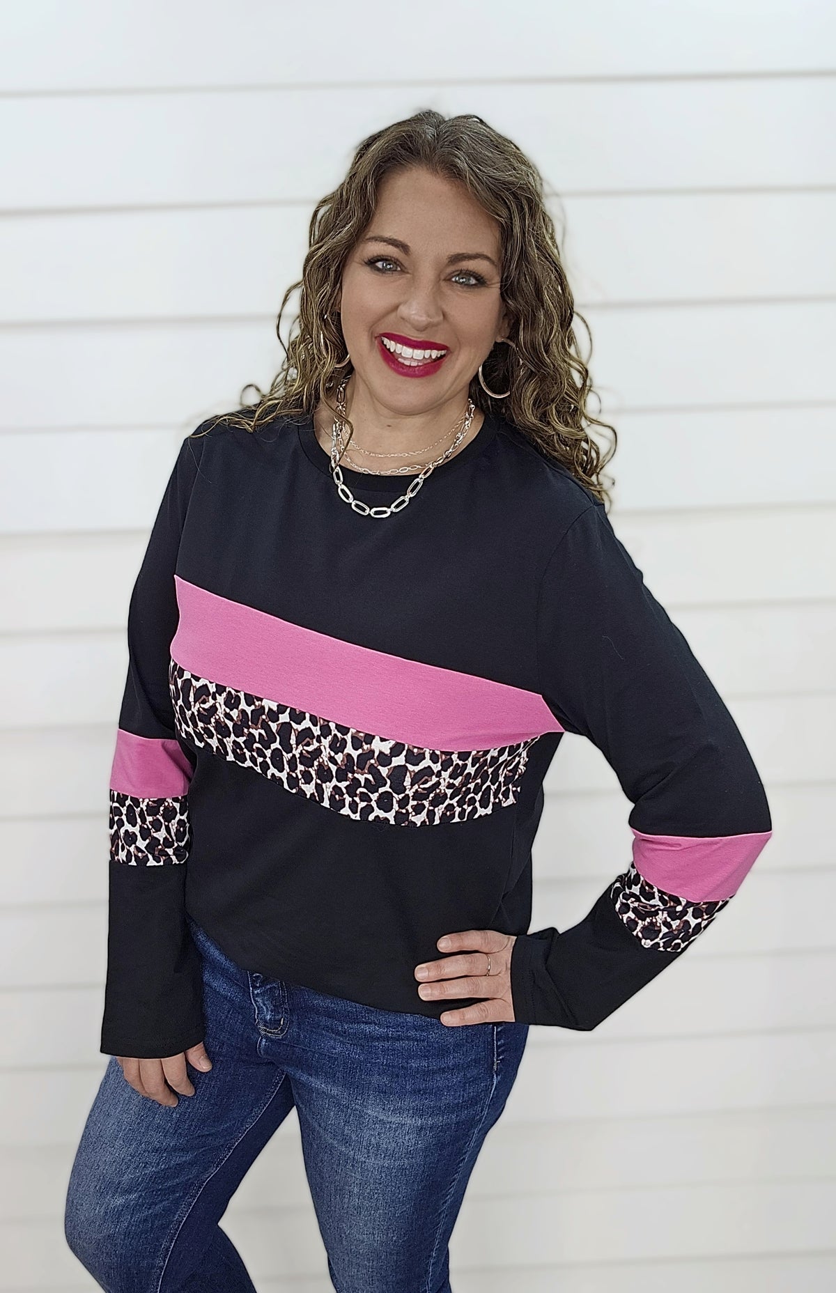 BLACK/PINK/LEOPARD COLORBLOCK TOP