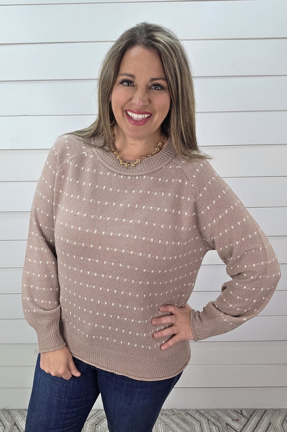 TAUPE DOT TEXTURED TRIM PULLOVER SWEATER