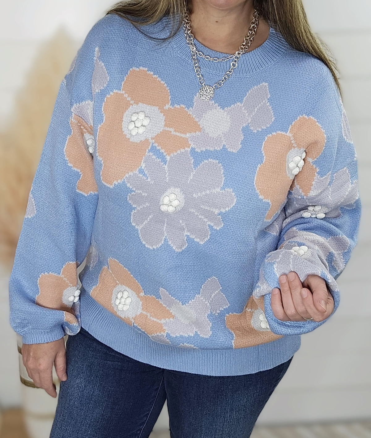 BLUE FLORAL POM POM SWEATER