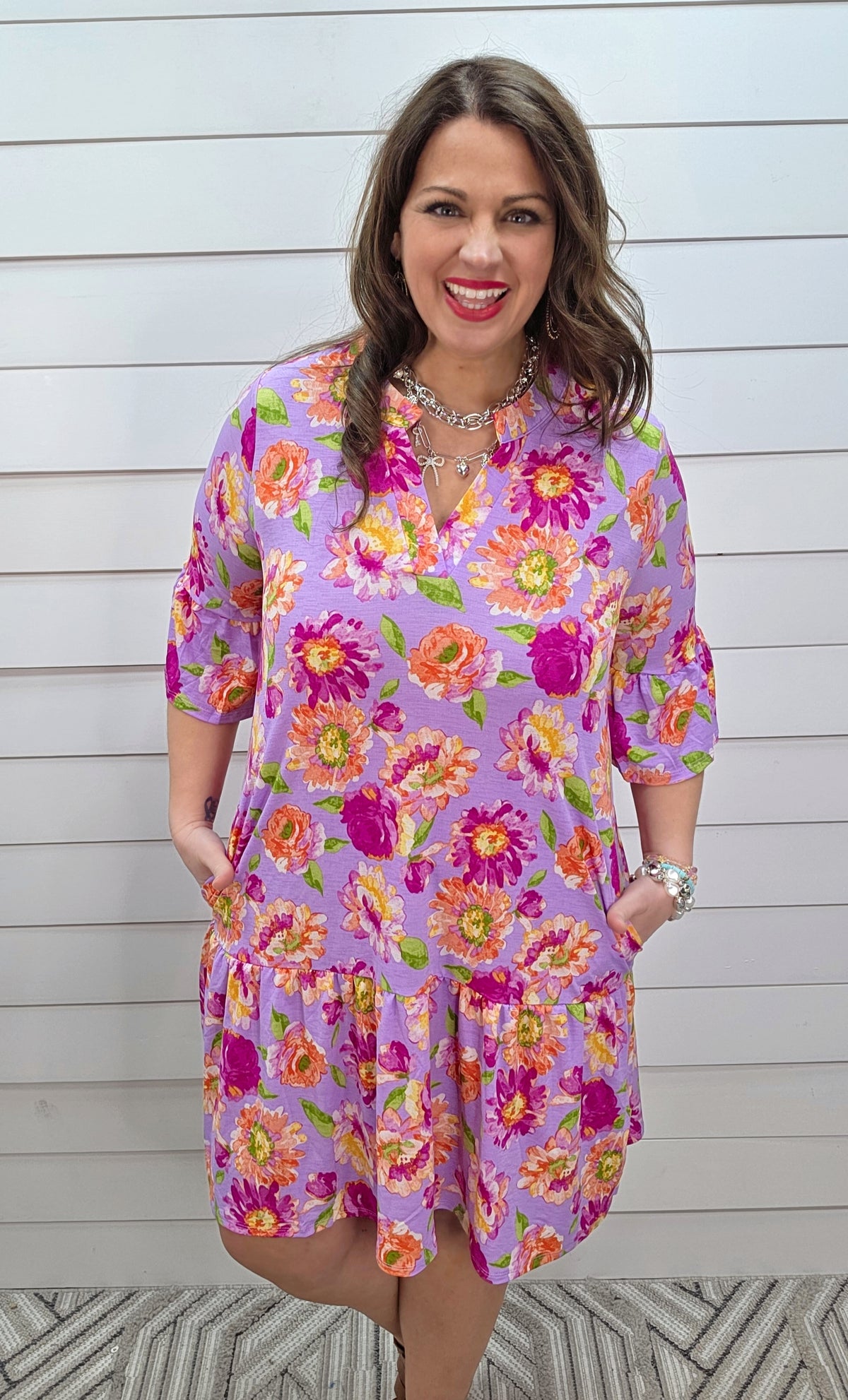 DEAR SCARLETT SUNDAY 3/4 SLEEVE RUFFLE DETAIL DRESS - ORCHID FLORAL