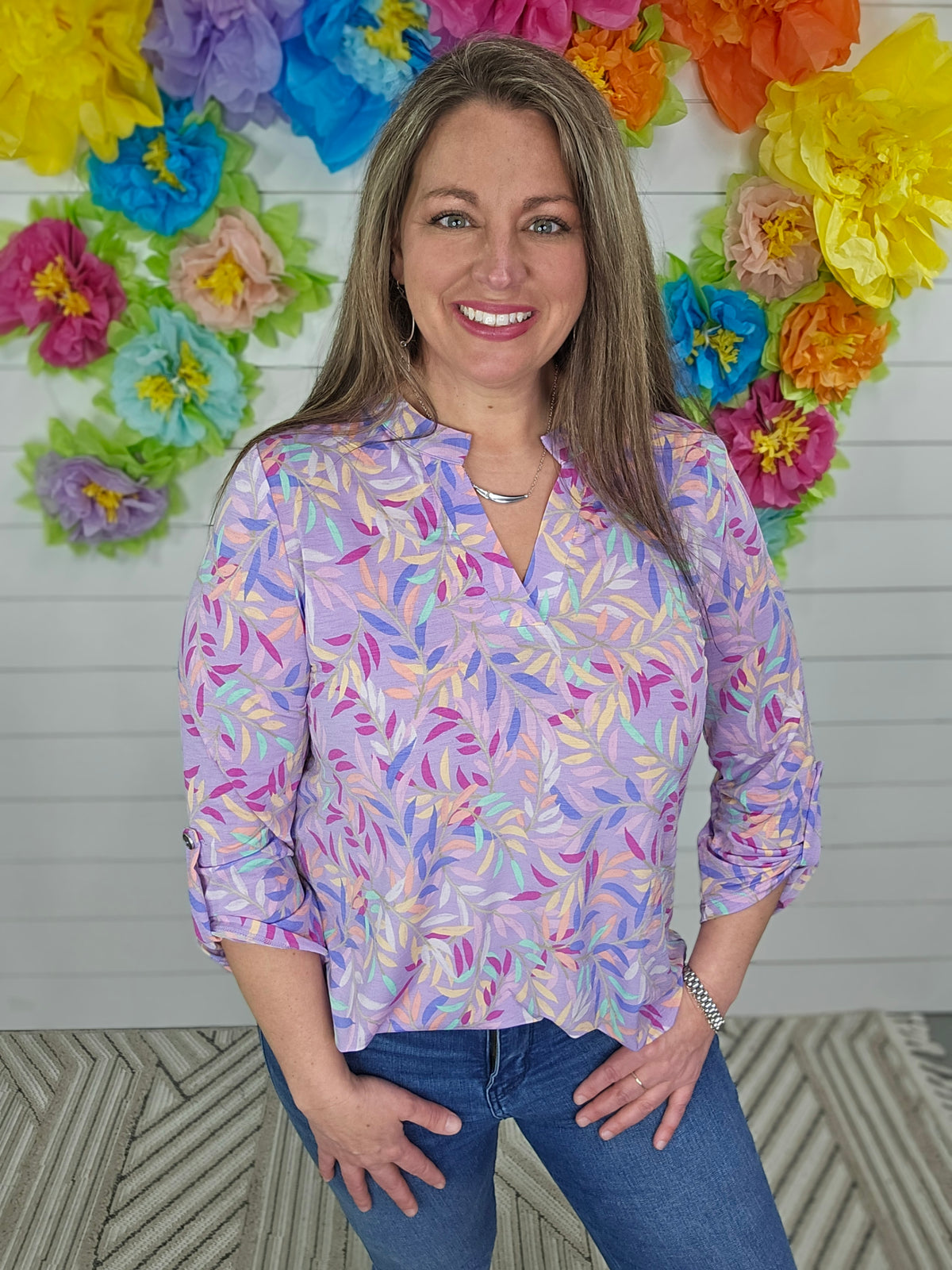 LAVENDER 3/4 SLEEVE LIZZY TOP W/ MULTI COLOR LEAVES