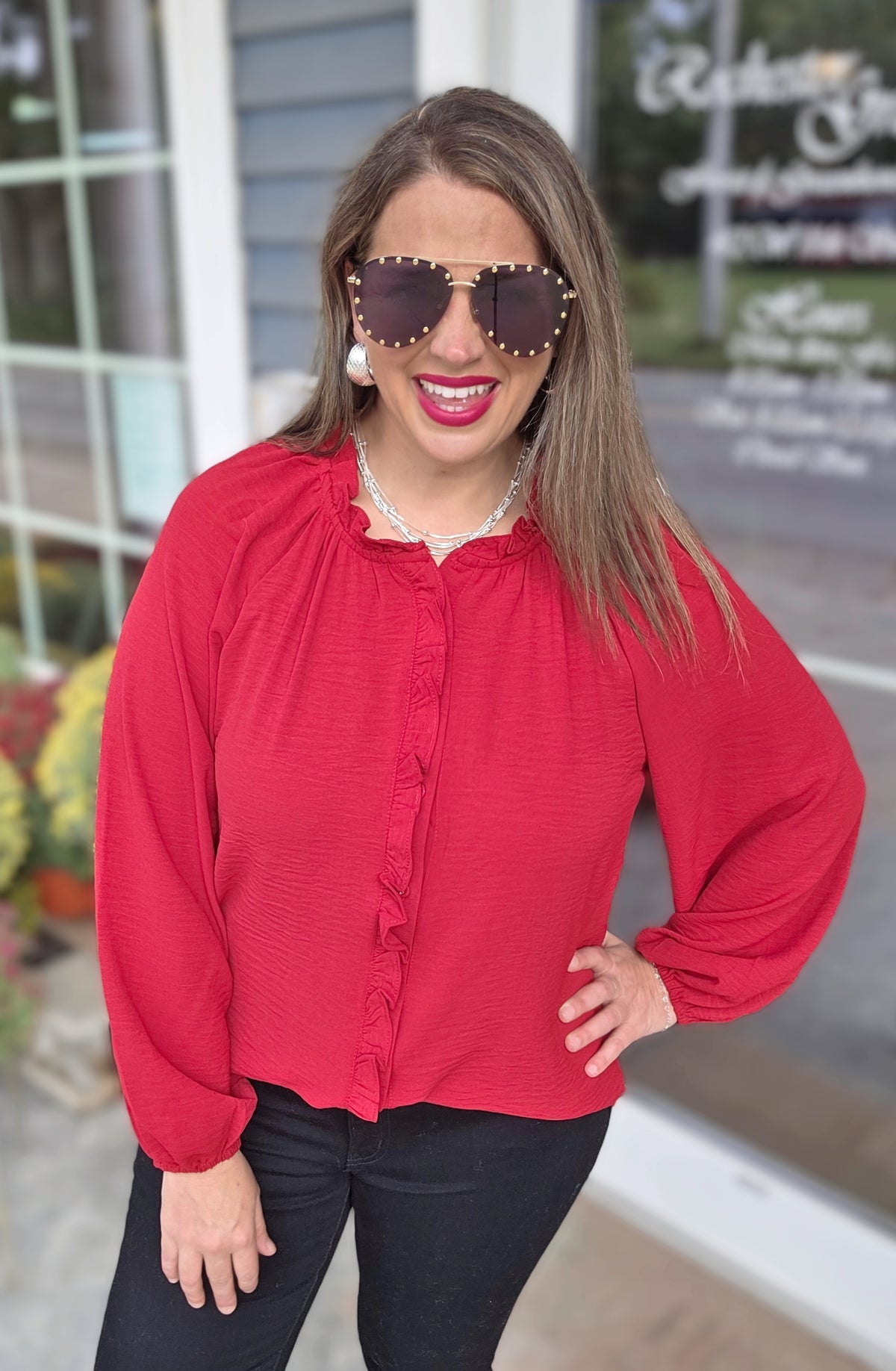 WINE FRILL TRIM LONG SLEEVE BUTTON UP WOVEN BLOUSE