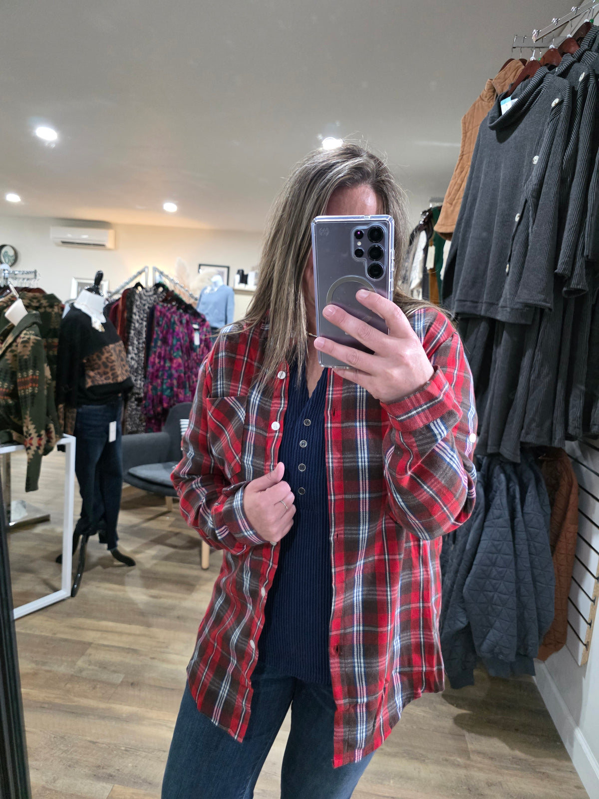 RED CHECK PLAID BUTTON DOWN FLANNEL