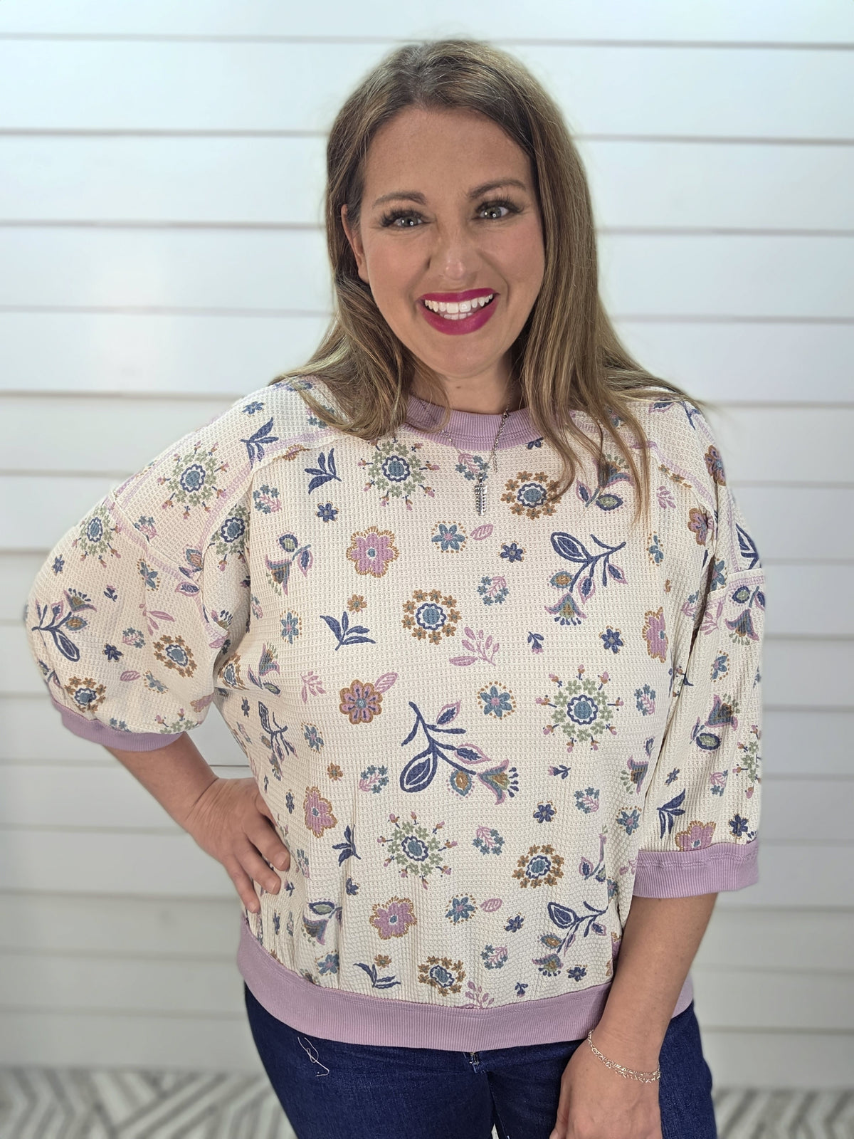 CREAM WAFFLE TEXTURE TO W/ FLORAL PRINT AND LILAC TRIM