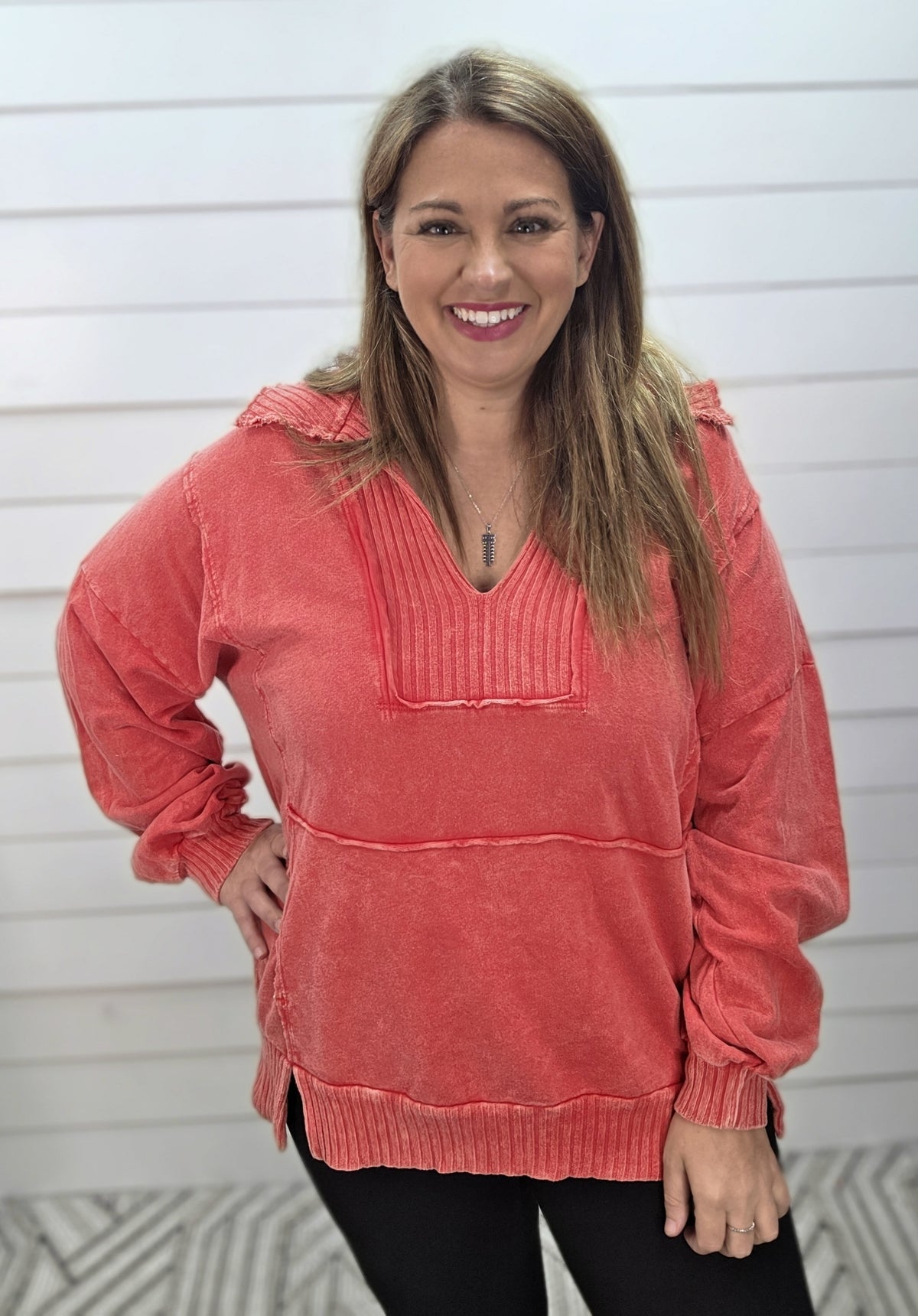 RED Mineral wash Wide Collar Vneck Kangaroo Pocket Sweatshirt