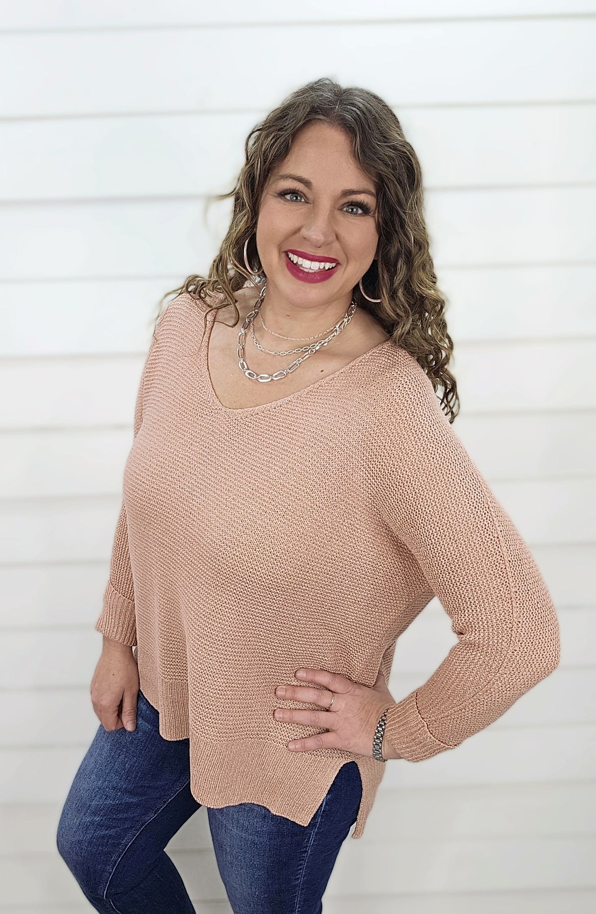 BLUSH V NECK SLOUCH SWEATER W/ ROLLED SLEEVES