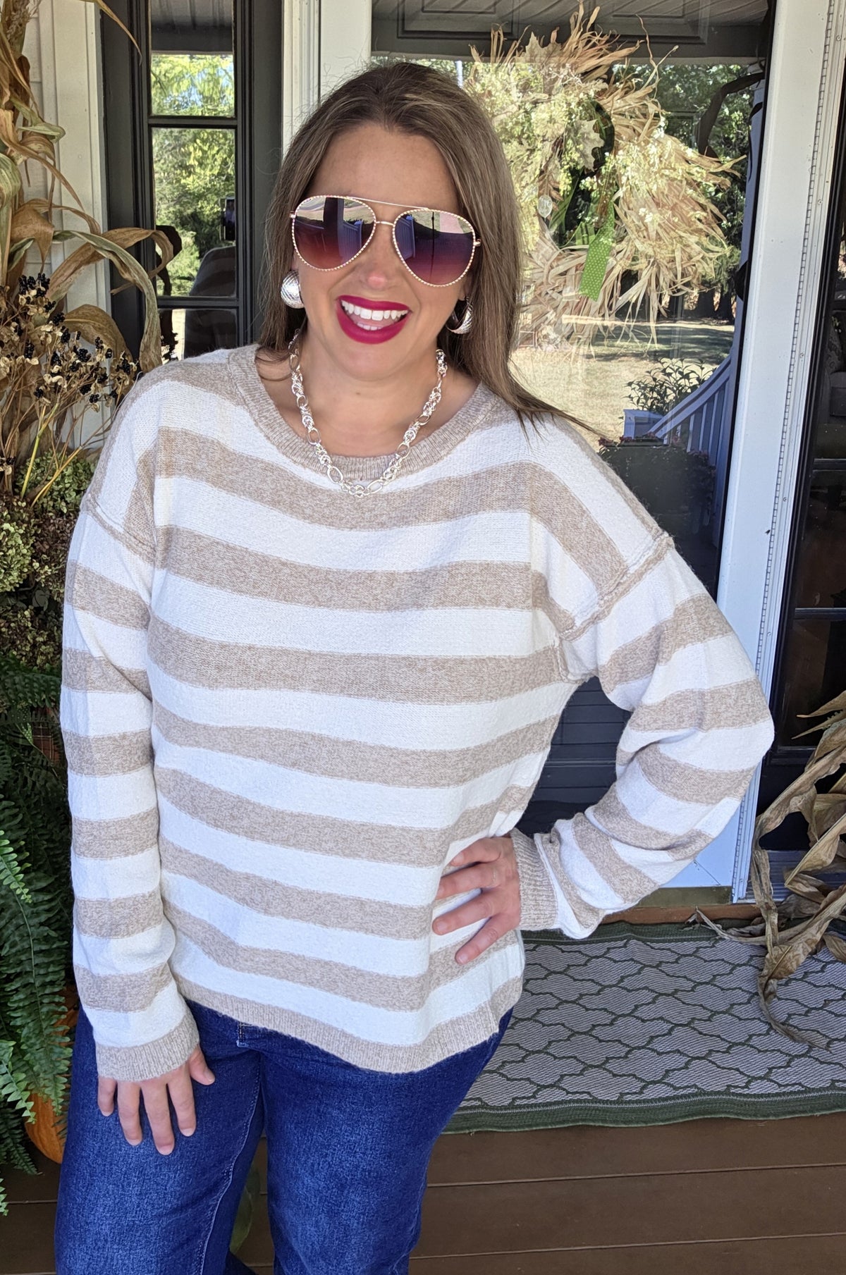TAUPE STRIPED CREW NECK PULLOVER SWEATER