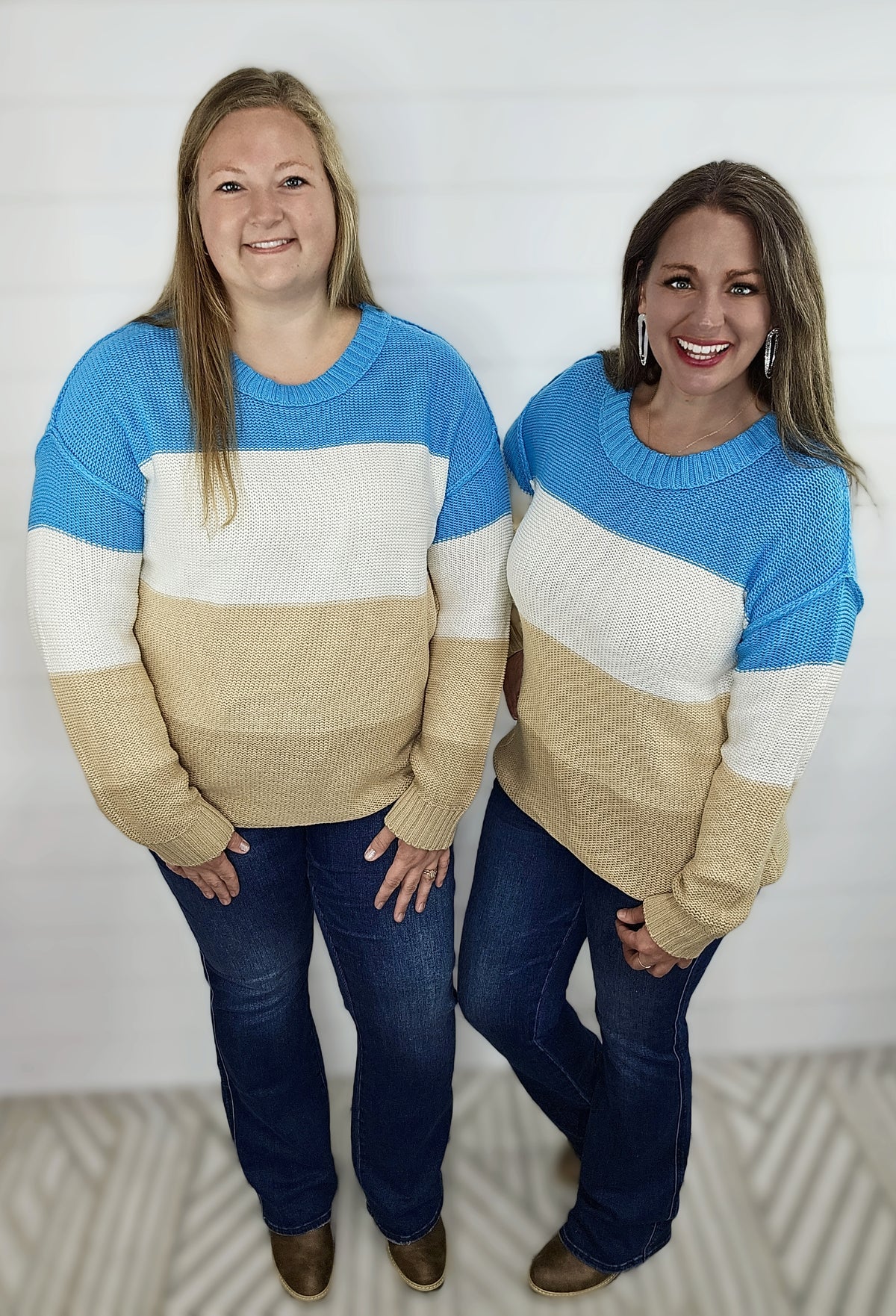 AQUA/MOCHA MUTLI STRIPED CREW NECK SWEATER