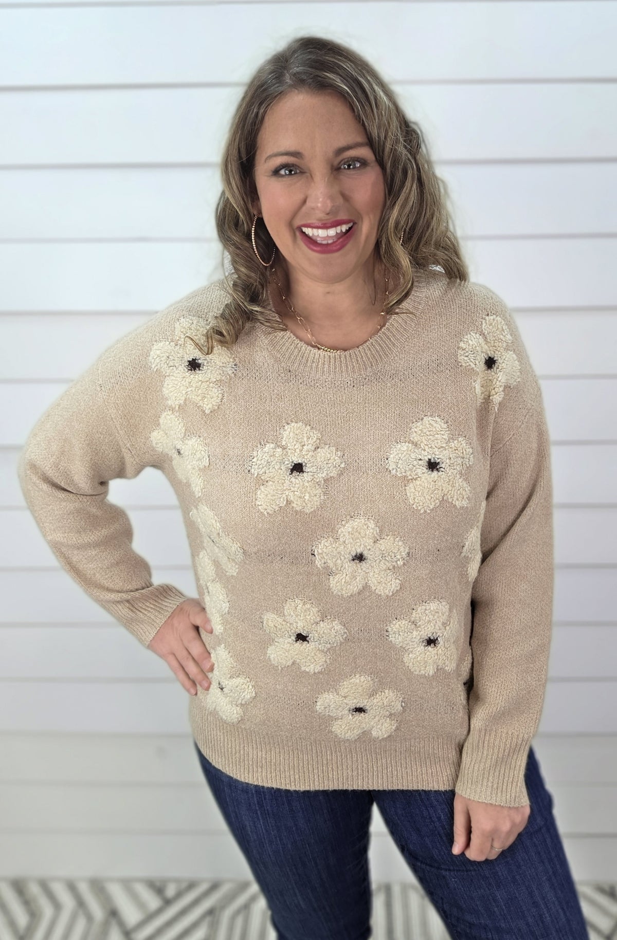 TAUPE FLOWER JACQUARD CREW NECK PULLOVER SWEATER