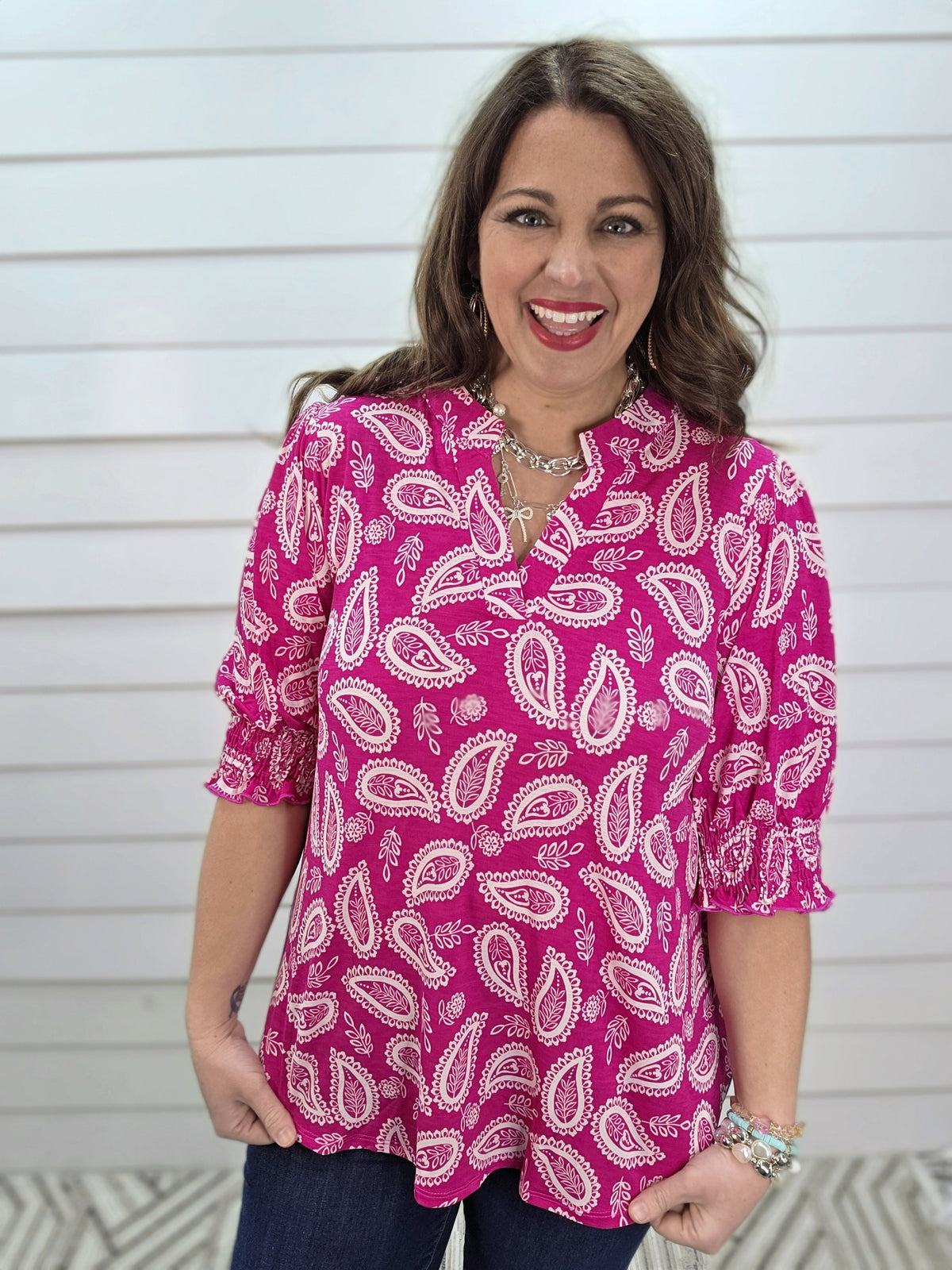 DEAR SCARLETT SMOCKED TOP - HOT PINK PAISLEY