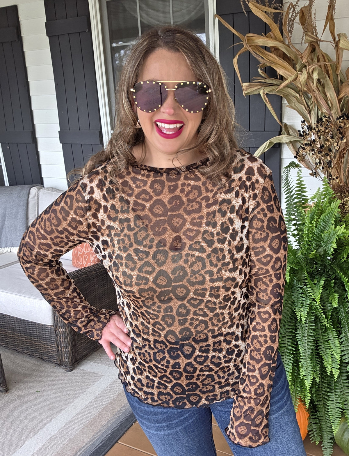 BROWN LEOPARD MESH TOP