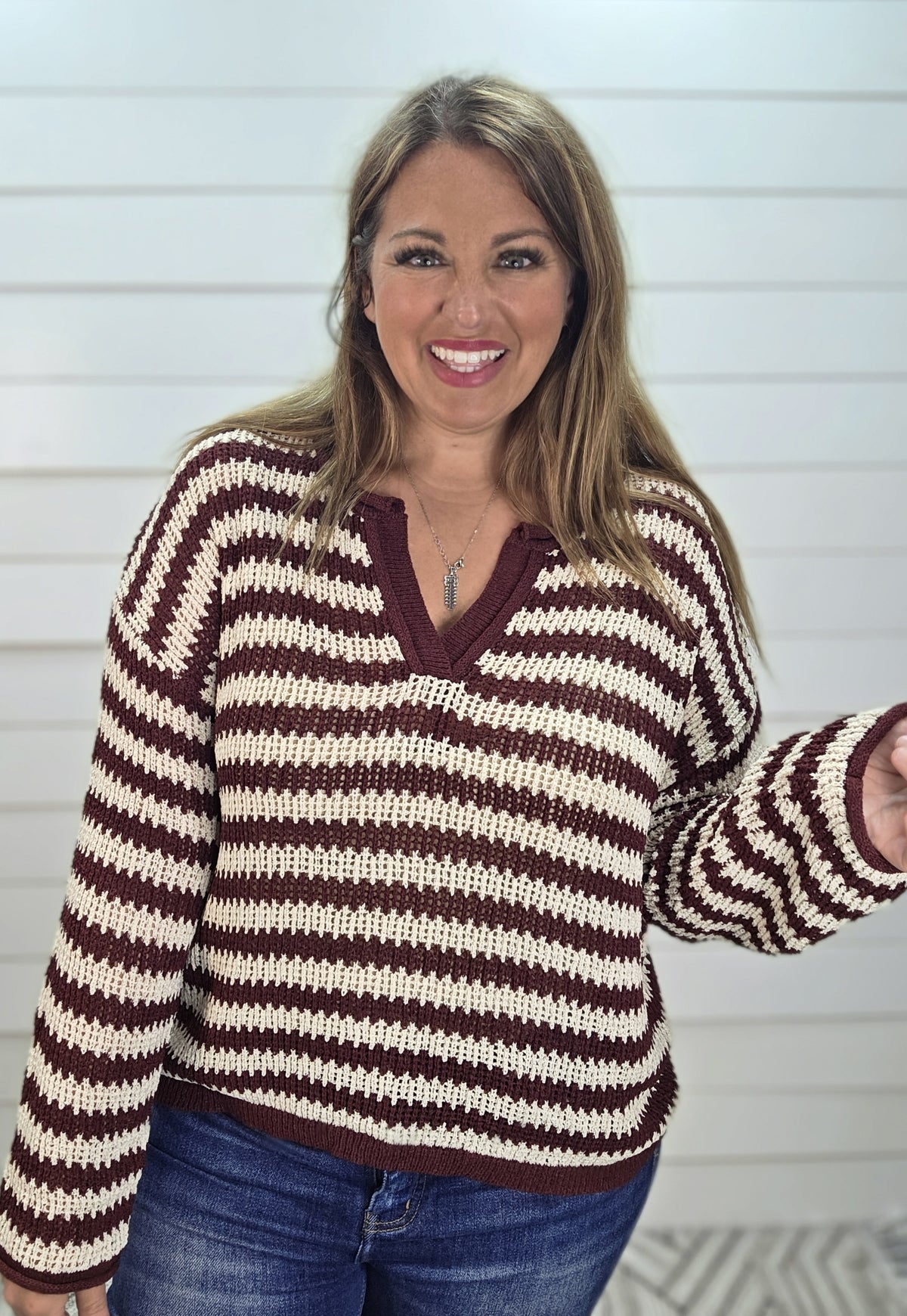 BURGUNDY Stripe Raw Edge Split Neck Sheer Knit Sweater