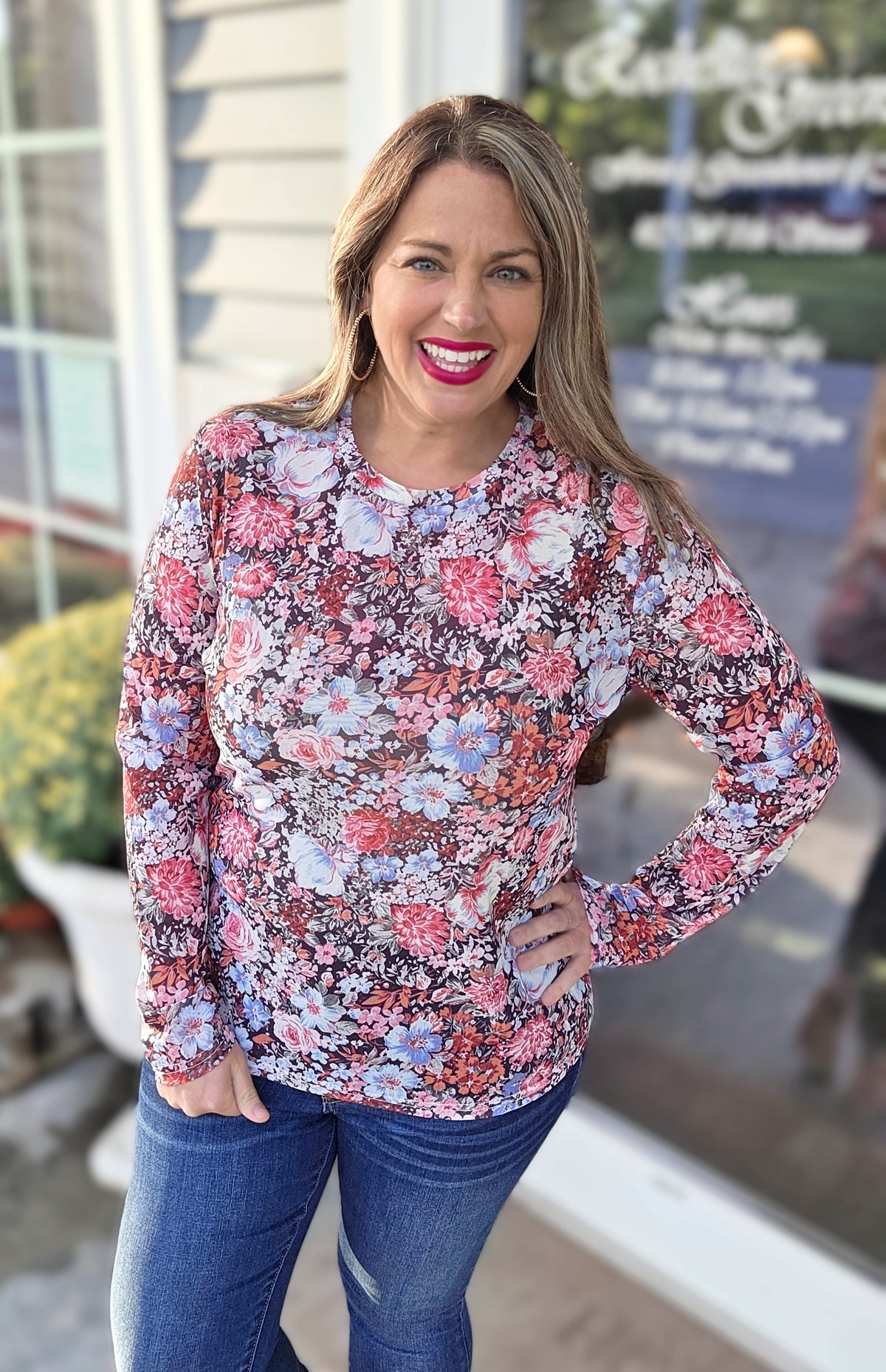 SHIRLEY AND STONE DARK FLORAL MESH TOP