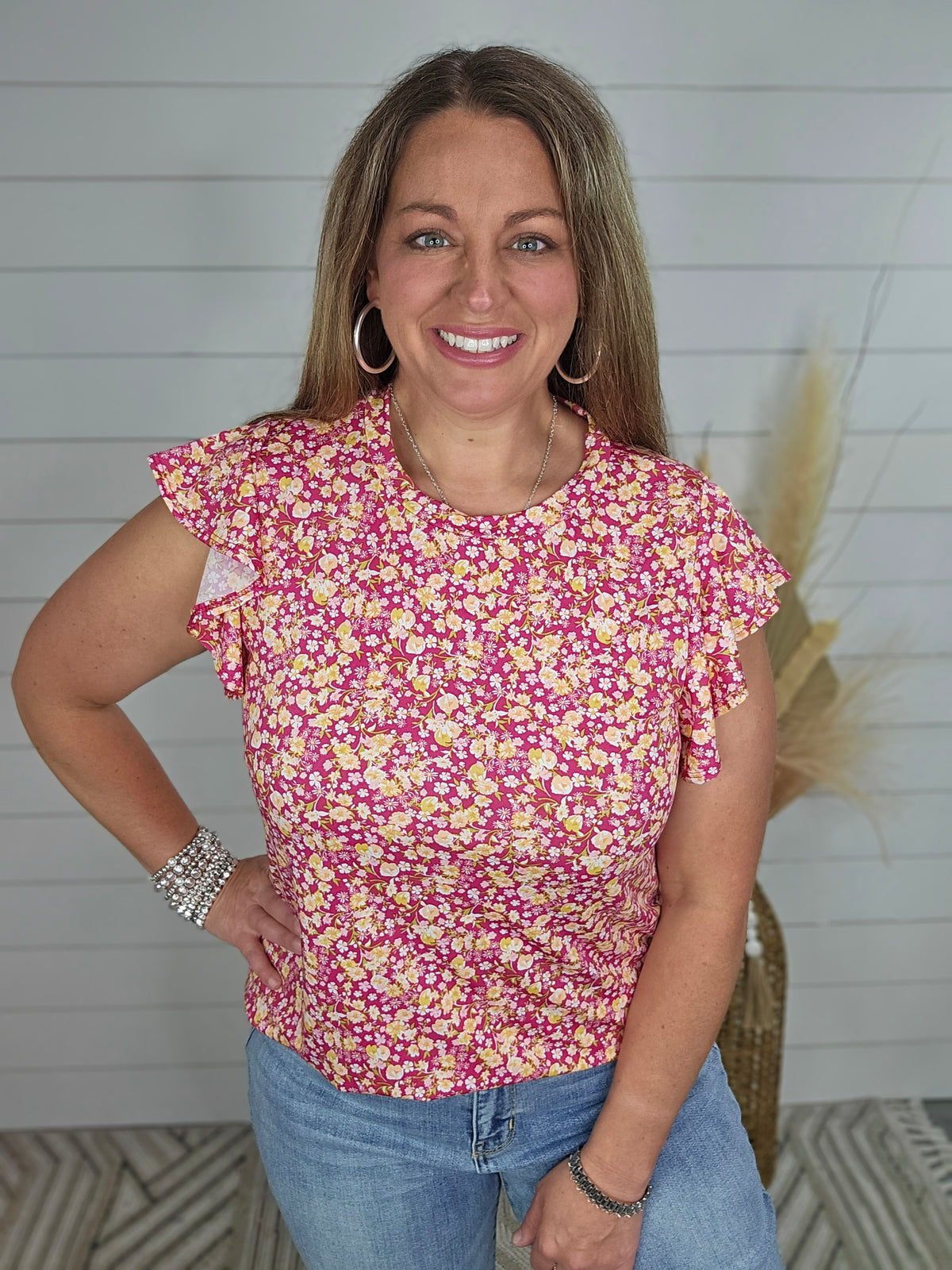 FUCHSIA/YELLOW FLORAL ROUND NECK RUFFLE SLEEVE TOP