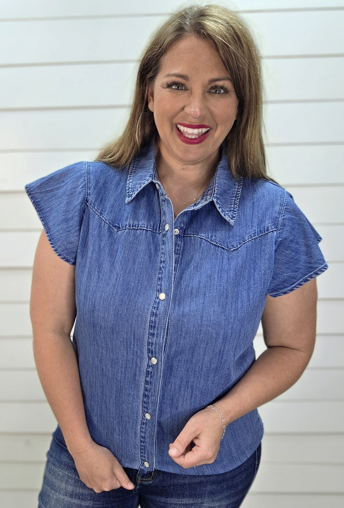DENIM SHORT SLEEVE BUTTON DOWN RUFFLE SLEEVE TOP
