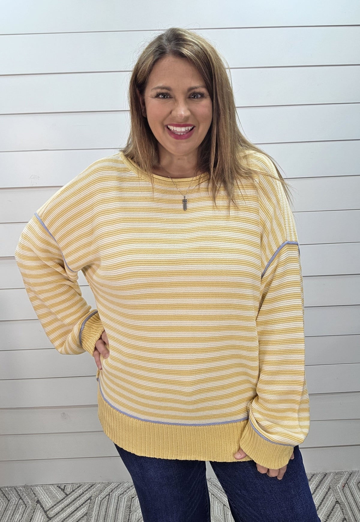 YELLOW STRIPED CONTRAST KNIT SWEATER W/ BLUE TRIM