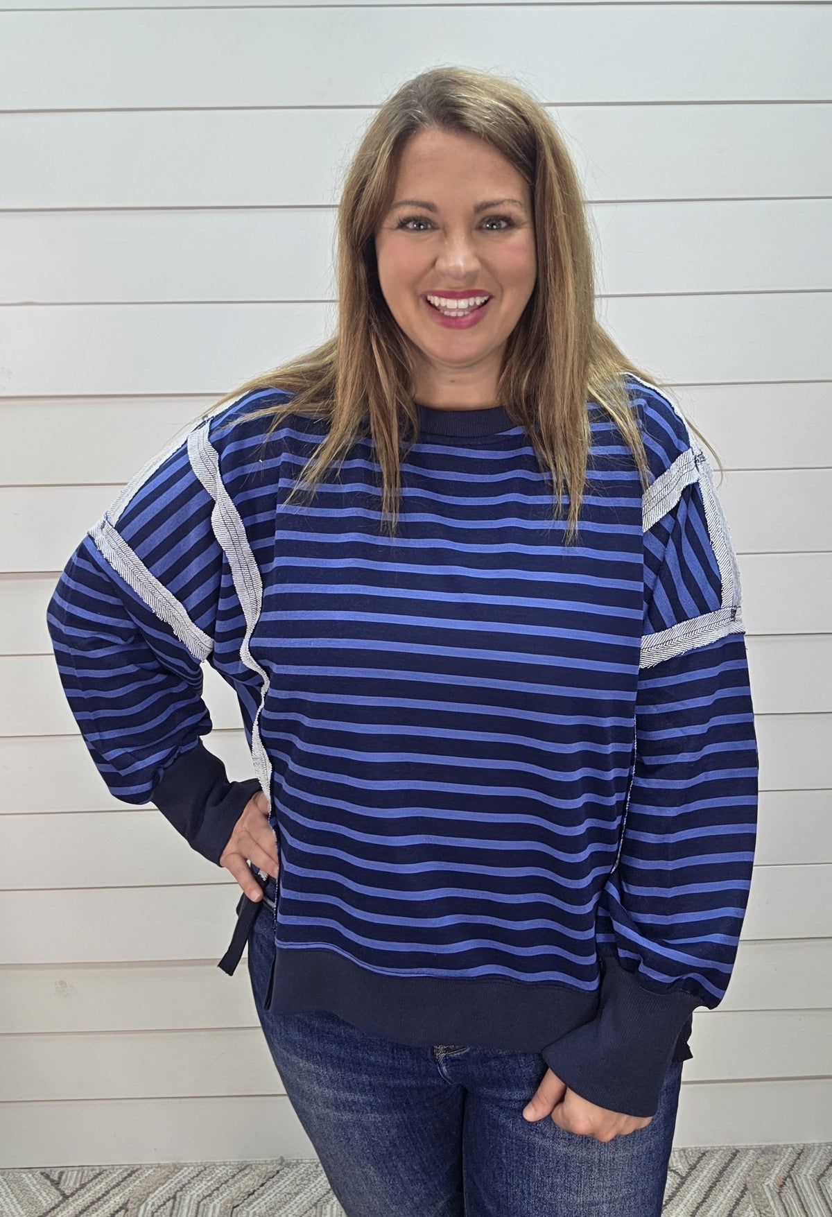 NAVY/DARK BLUE STRIPED OVERSIZED KNIT TOP W/ SIDE SLITS