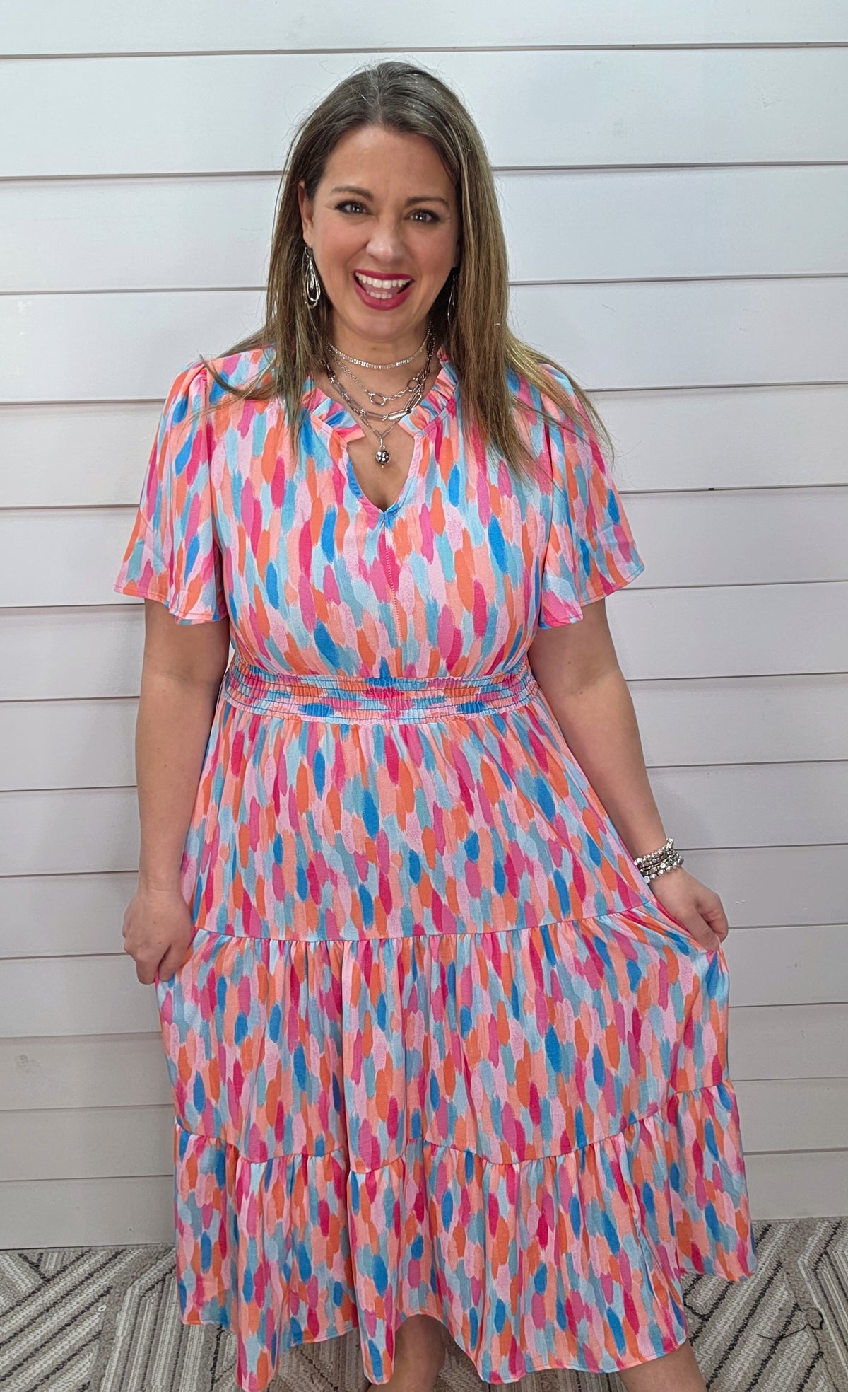 FUCHSIA/MINT BRUSH STROKE SMOCKED WAIST LONG DRESS